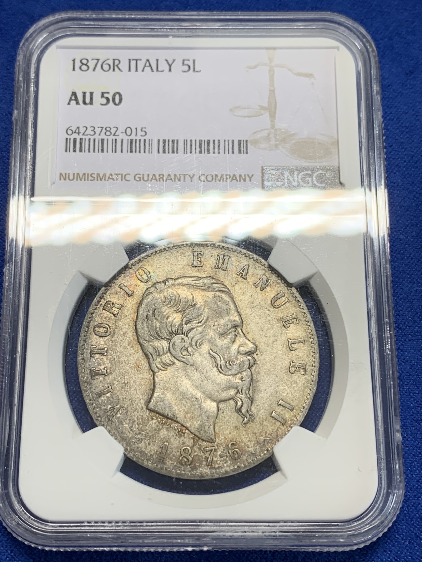 《竞宝斋》第205场-周日，周一 2场 (全场包邮) NGC AU50  意大利1876R伊曼纽尔五里拉银币，细节都在  月牙包浆
