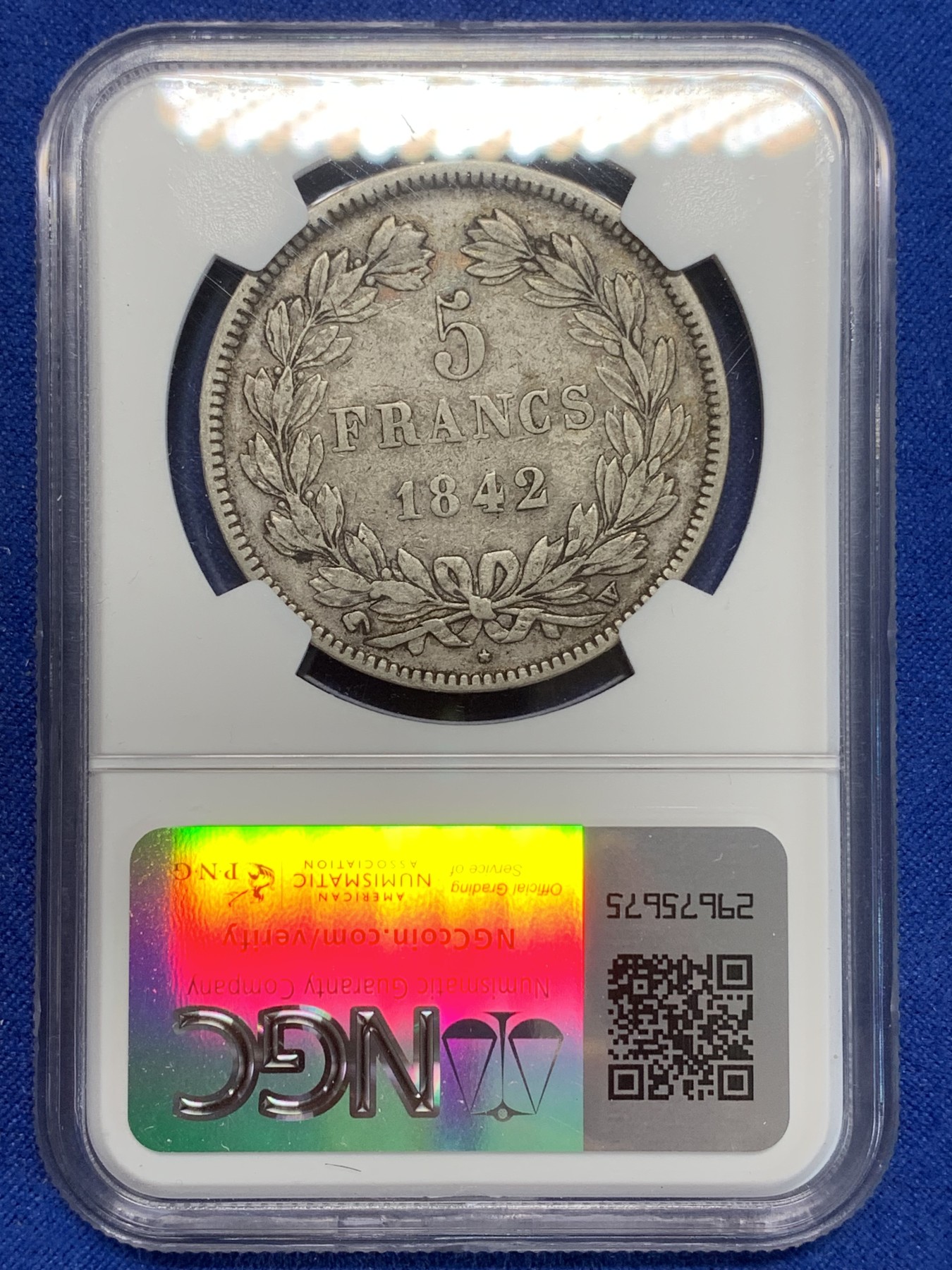 《竞宝斋》第205场-周日，周一 2场 (全场包邮) NGC-VF35 法国1842年W版 菲利普一世 5法郎大银币
