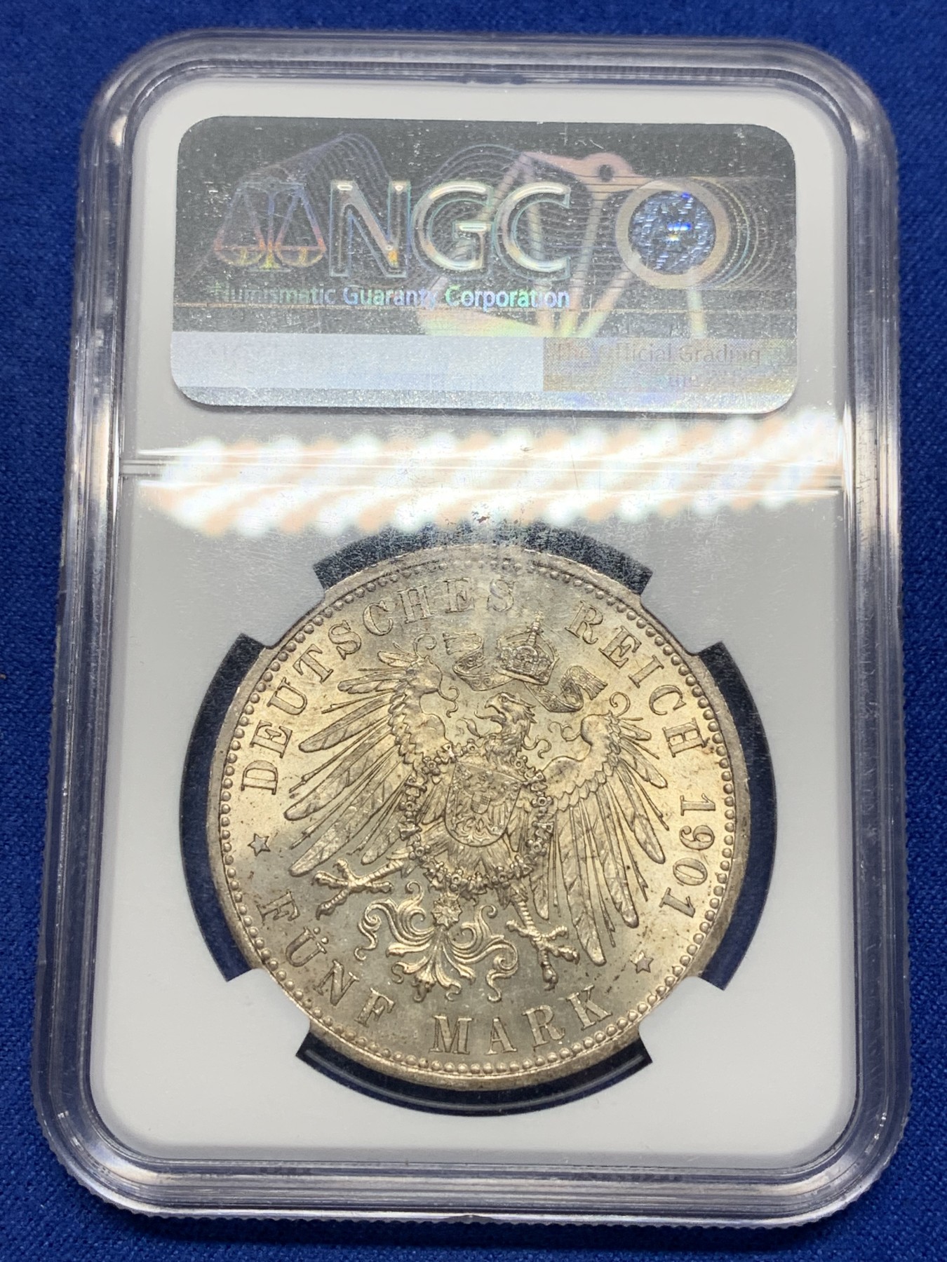 《竞宝斋》第205场-周日，周一 2场 (全场包邮) NGC-MS63 德国1901年普鲁士建国200周年5马克纪念银币 柏林造币厂 金色黄油彩 车轮光 细节饱满