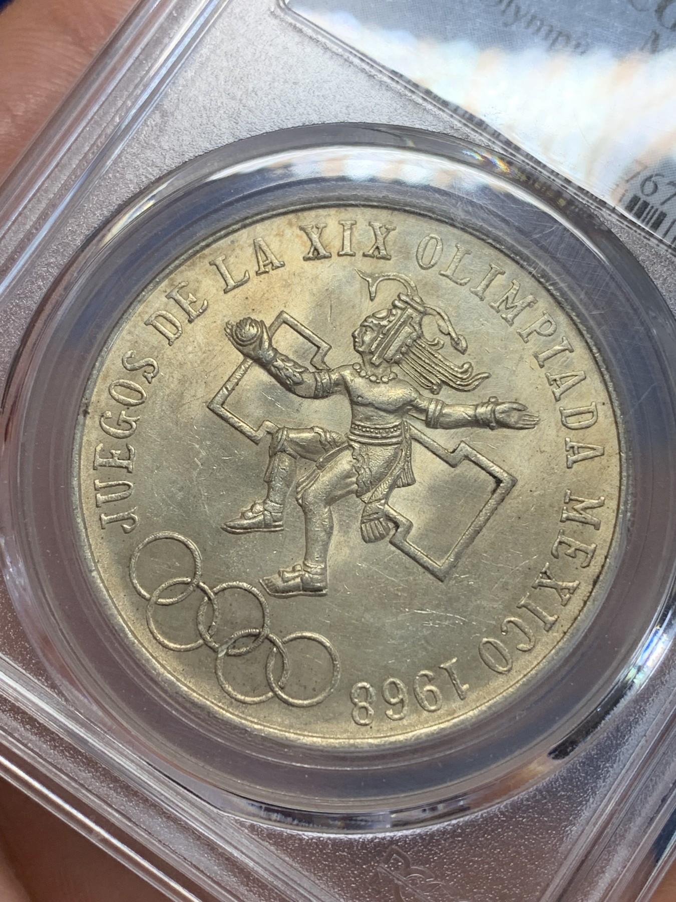 《竞宝斋》第205场-周日，周一 2场 (全场包邮) PCGS–MS64 墨西哥1968年奥运会25比索银币，黄油彩包浆，特别漂亮