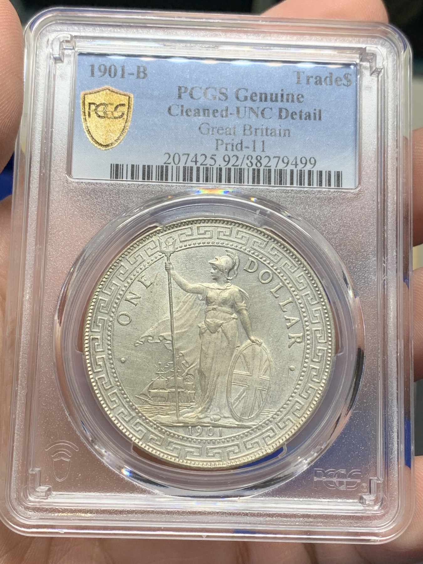 《竞宝斋》第205场-周日，周一 2场 (全场包邮) PCGS-UNC 英国1901年站洋银币，转光币，PC严评没有给分，可以重新送评赌分