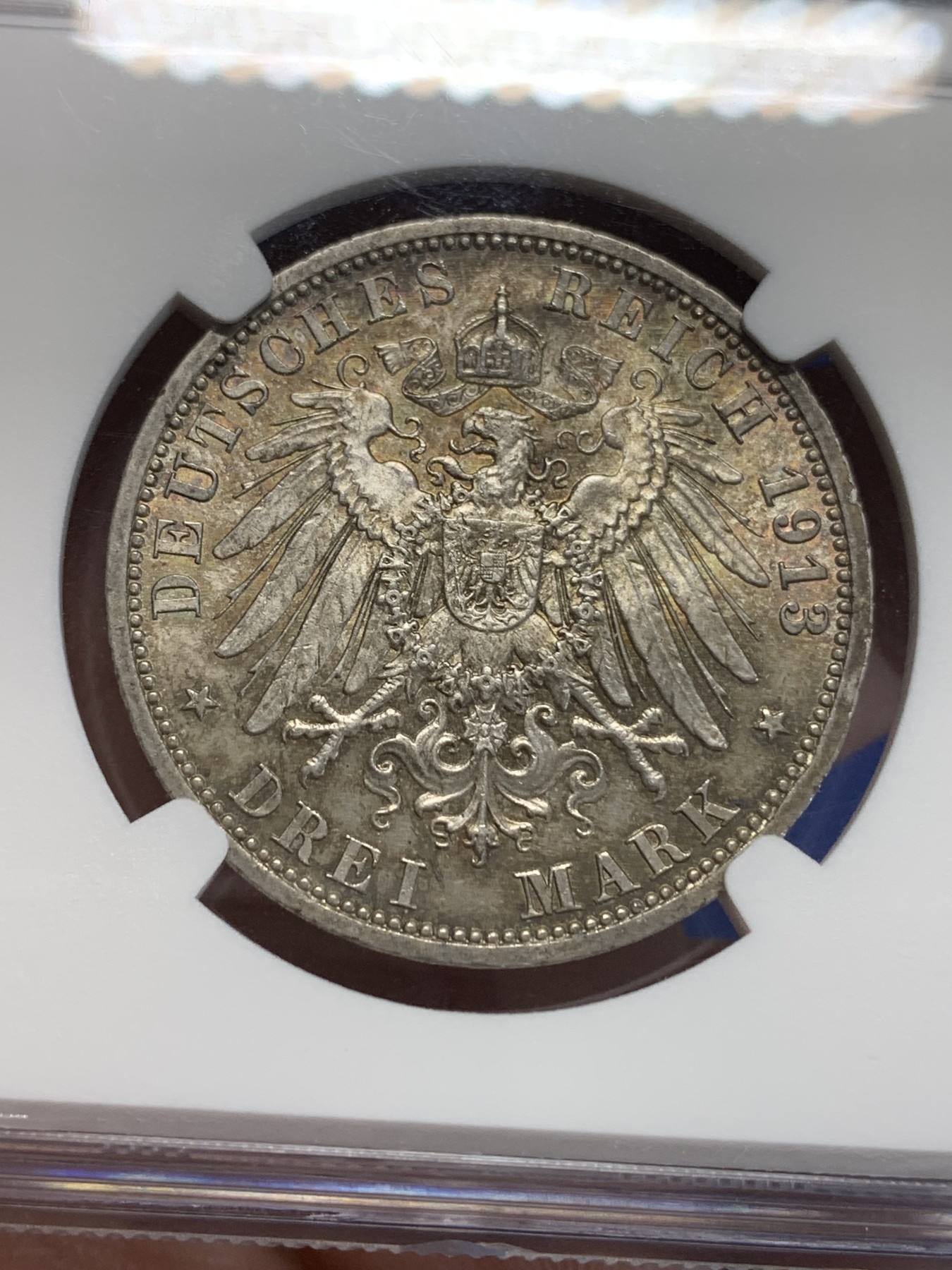 《竞宝斋》第205场-周日，周一 2场 (全场包邮) NGC-MS63 德国1913普鲁士戎装3马克银币