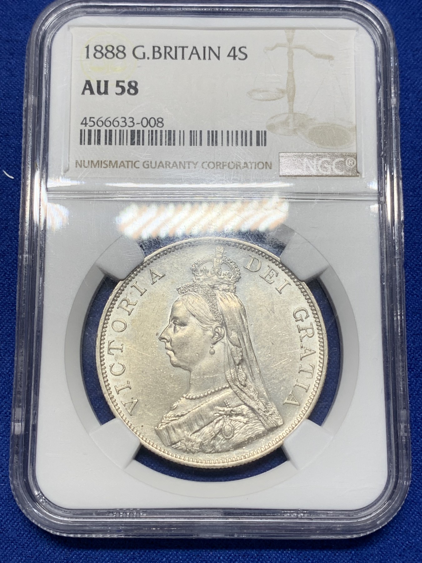 《竞宝斋》第205场-周日，周一 2场 (全场包邮) NGC-AU58 英国1888年 维多利亚 双佛罗林4先令 银币 稀少年份