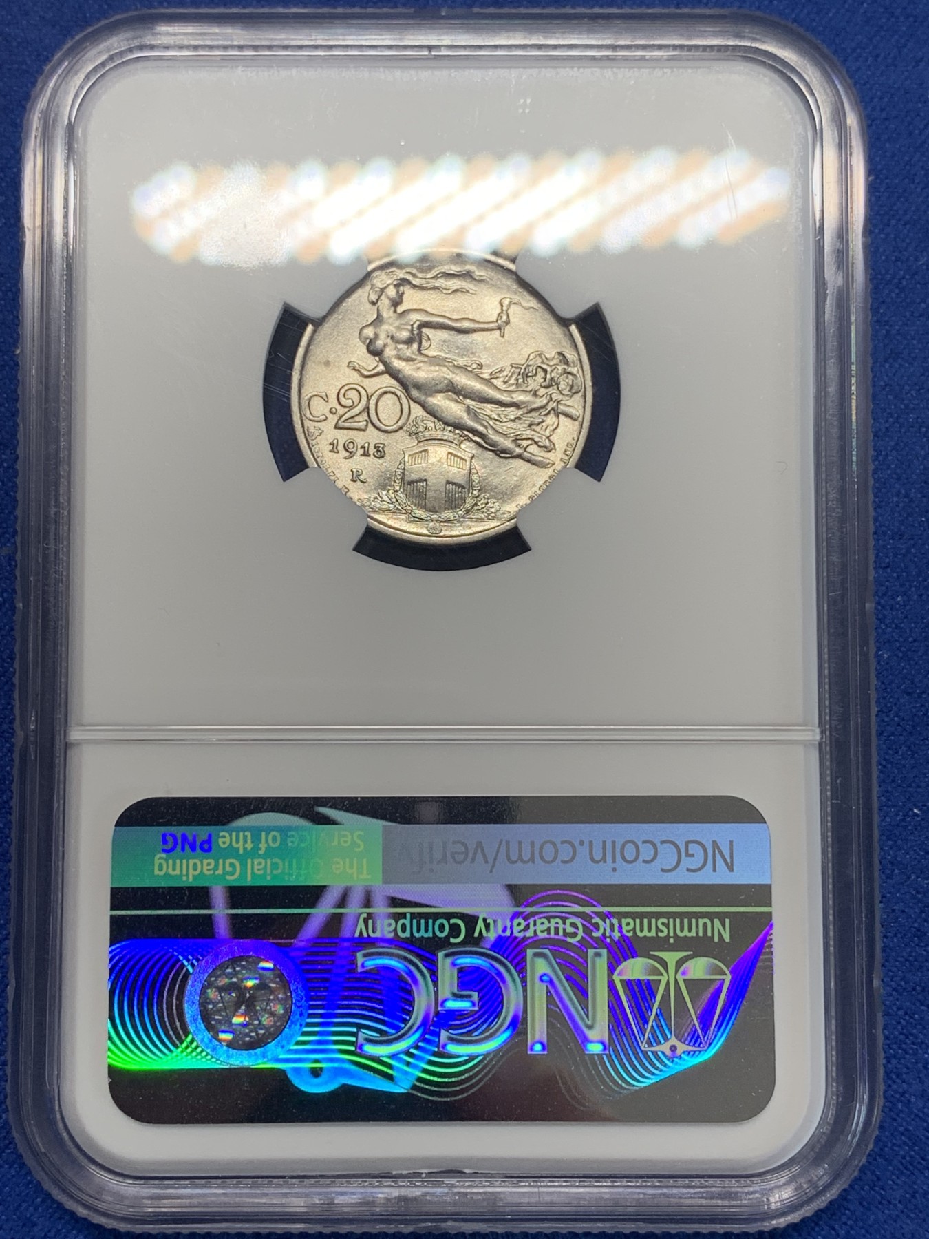 《竞宝斋》第205场-周日，周一 2场 (全场包邮) NGC AU58 意大利1913年20分小飞人镍币 早期年份 500来的裸币随缘拍