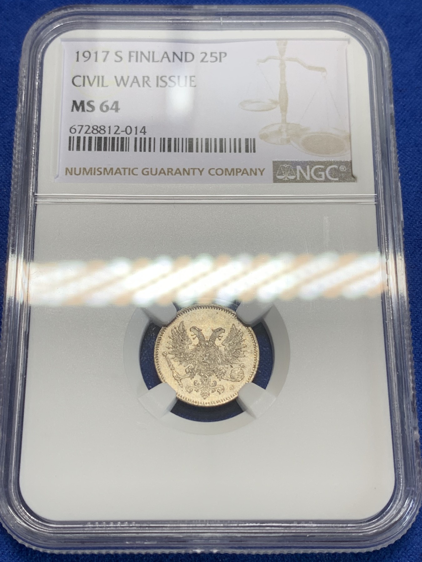 《竞宝斋》第205场-周日，周一 2场 (全场包邮) NGC MS64 俄占芬兰1917年25芬尼银币