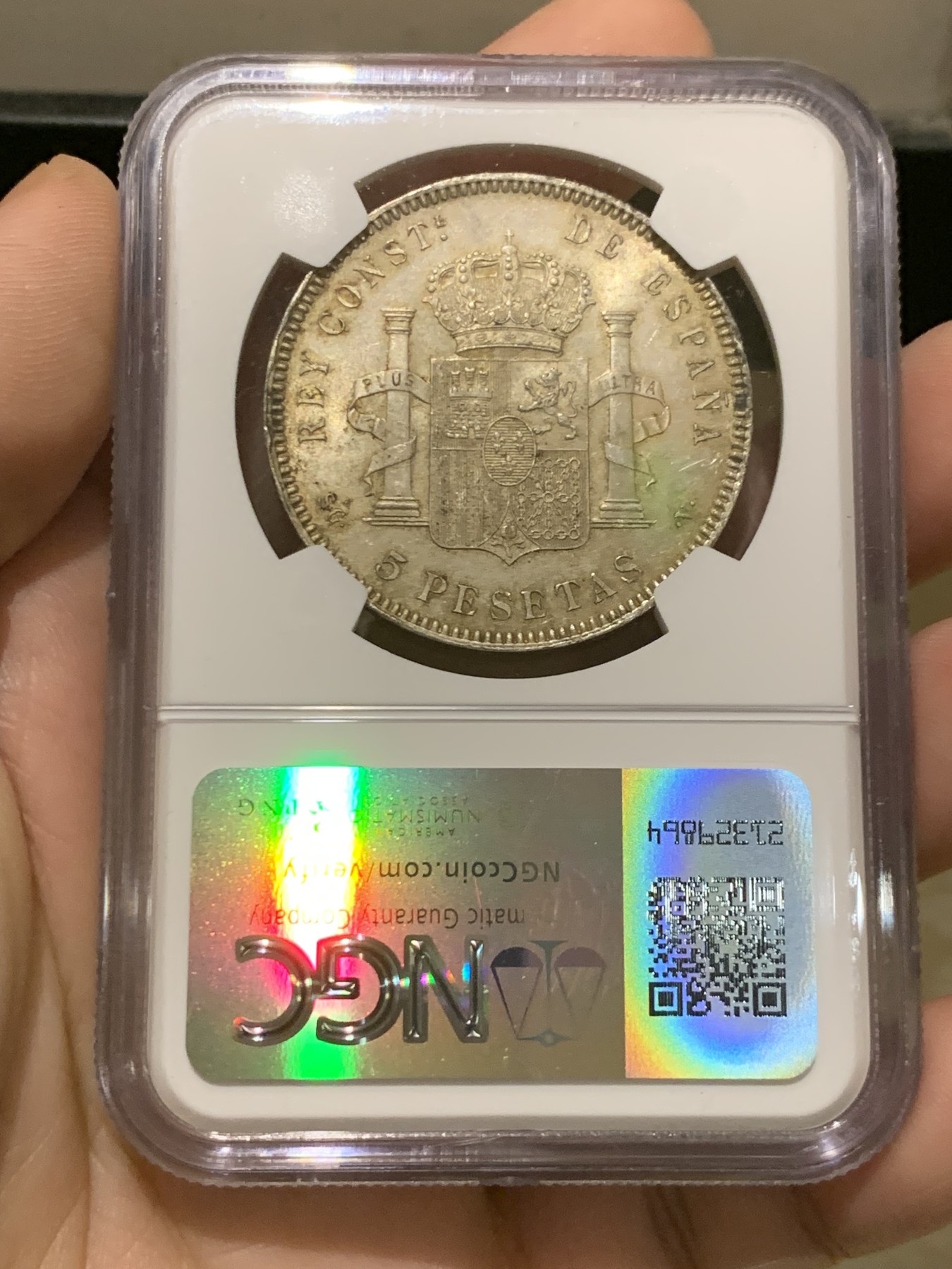 《竞宝斋》第205场-周日，周一 2场 (全场包邮) NGC-MS62 西班牙1899年 国王阿方索十三世 5比塞塔银币