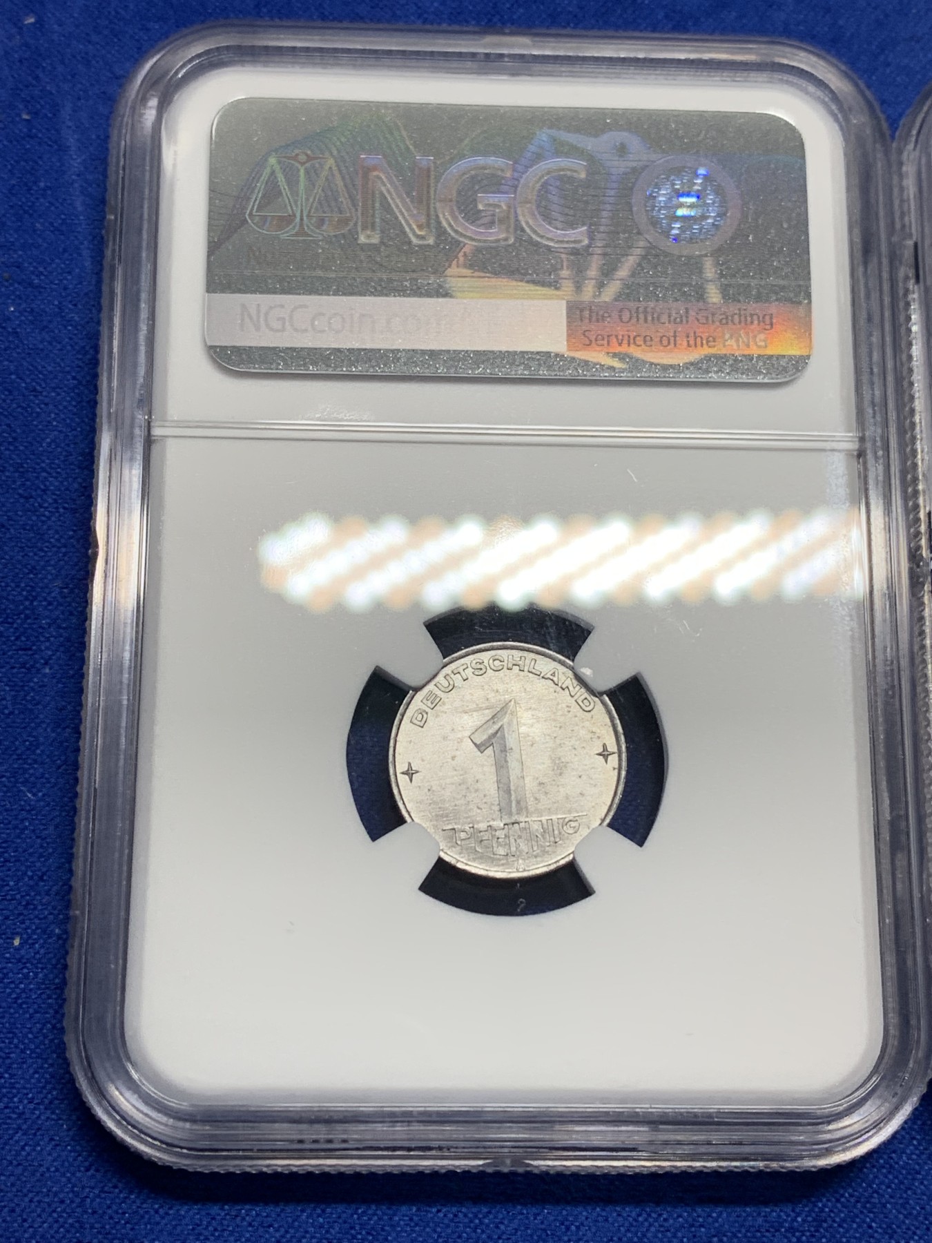 《竞宝斋》第205场-周日，周一 2场 (全场包邮) 东德1952A三枚全套，NGC MS63-64好分数，1、5、10芬妮，强光好品！