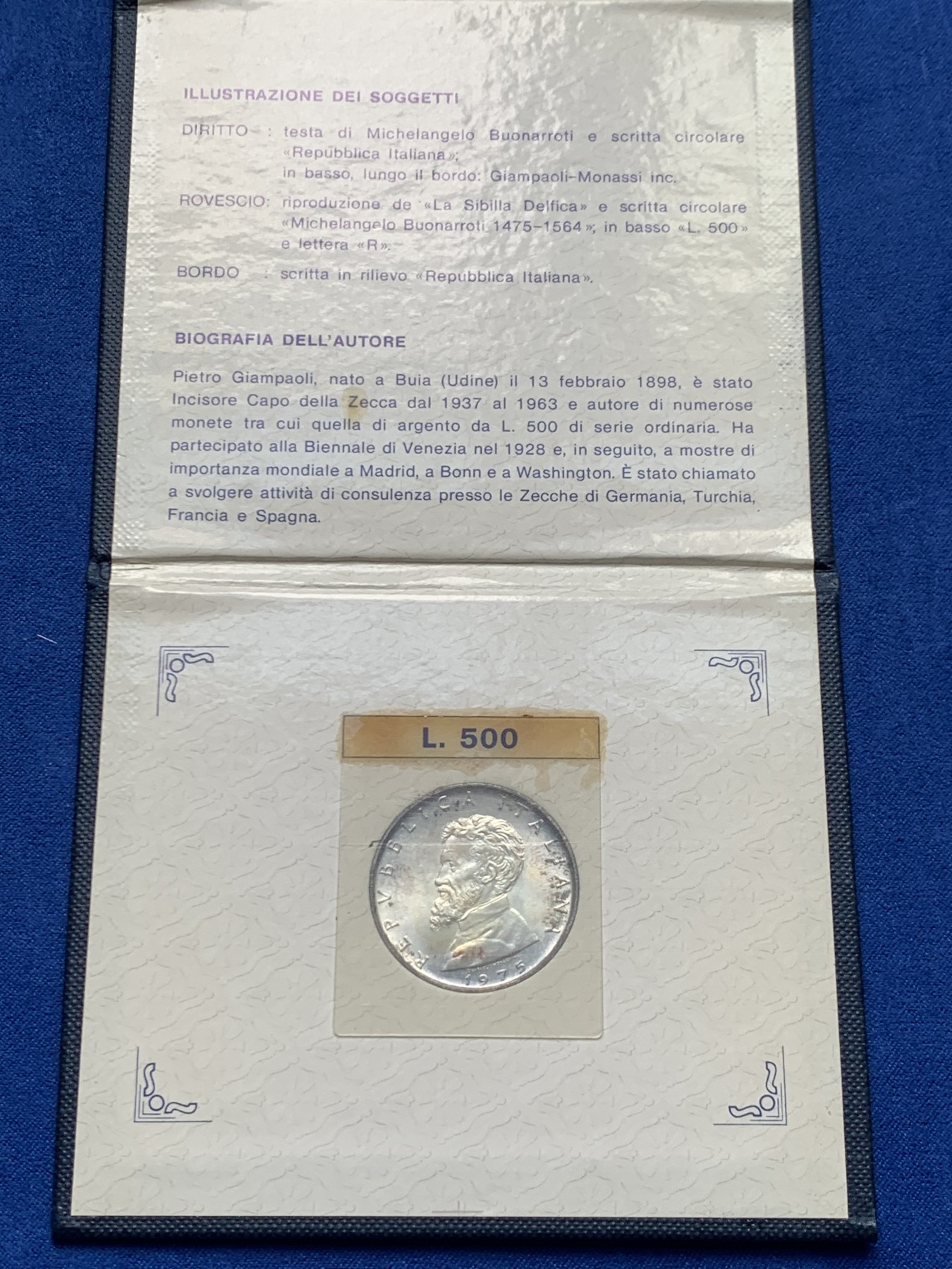 《竞宝斋》第205场-周日，周一 2场 (全场包邮) 意大利1975年500里拉米开朗基罗原册 带环彩 很好看