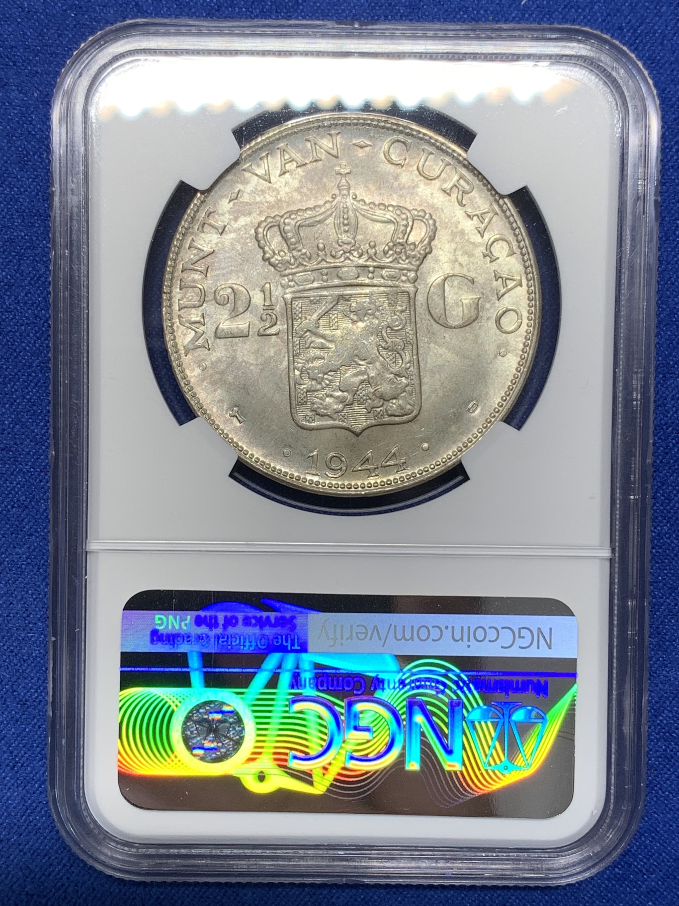 《竞宝斋》第205场-周日，周一 2场 (全场包邮) NGC MS63 1944-D年荷属库拉索威廉明娜女王2.5盾大银币 原光好品 殖民地潜力品种 铸造量仅为荷属东印度的十分之一
