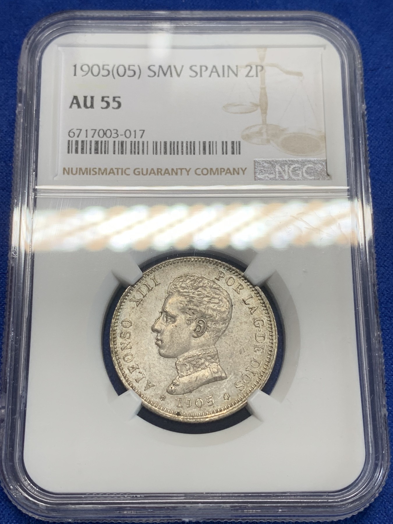 《竞宝斋》第205场-周日，周一 2场 (全场包邮) NGC-AU55 西班牙1905阿方索十三世2比塞塔银币