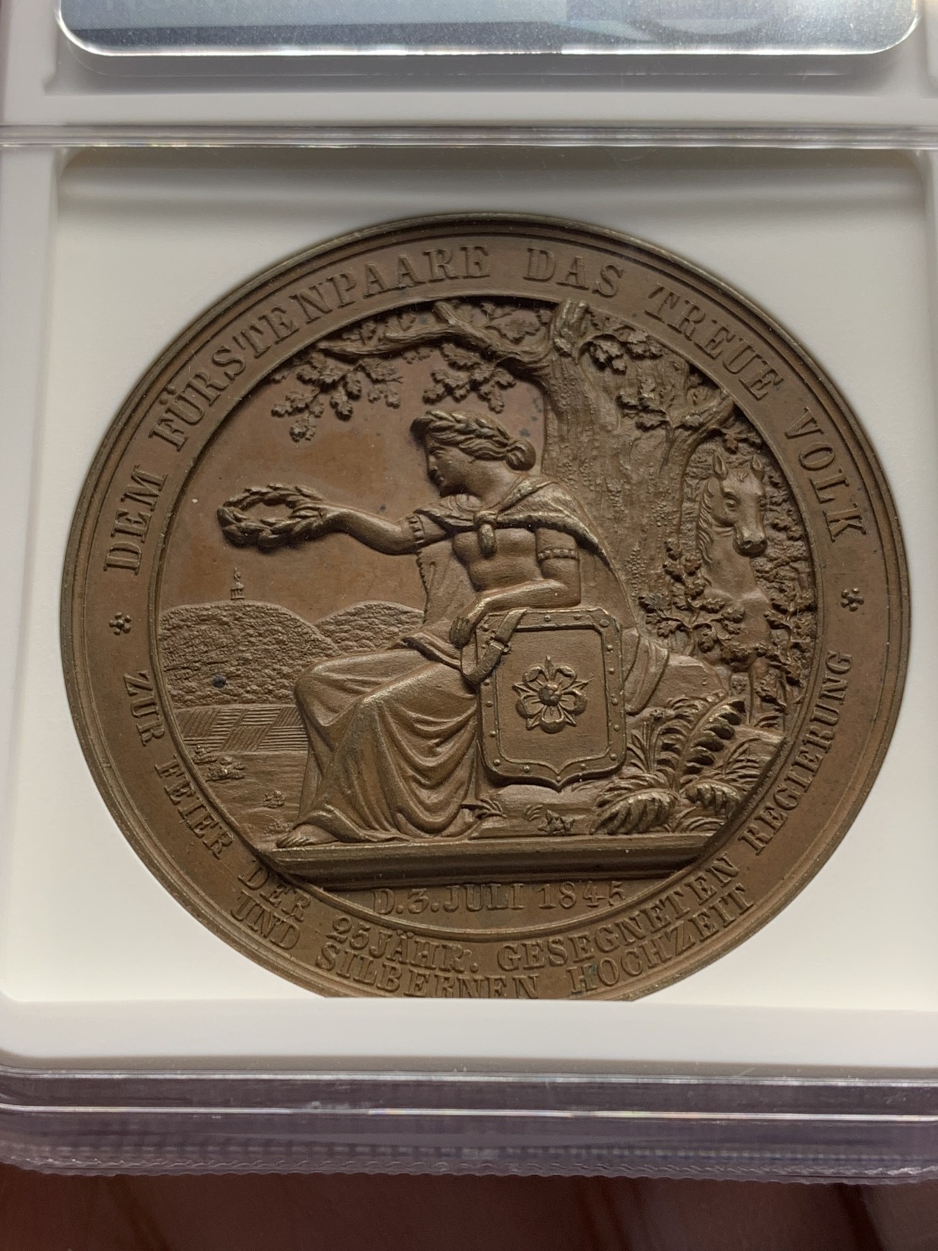 《竞宝斋》第205场-周日，周一 2场 (全场包邮) NGC MS61 德国 1845 利奥波德与洛伦兹婚礼纪念大铜章 巧克力包浆 加厚盒装