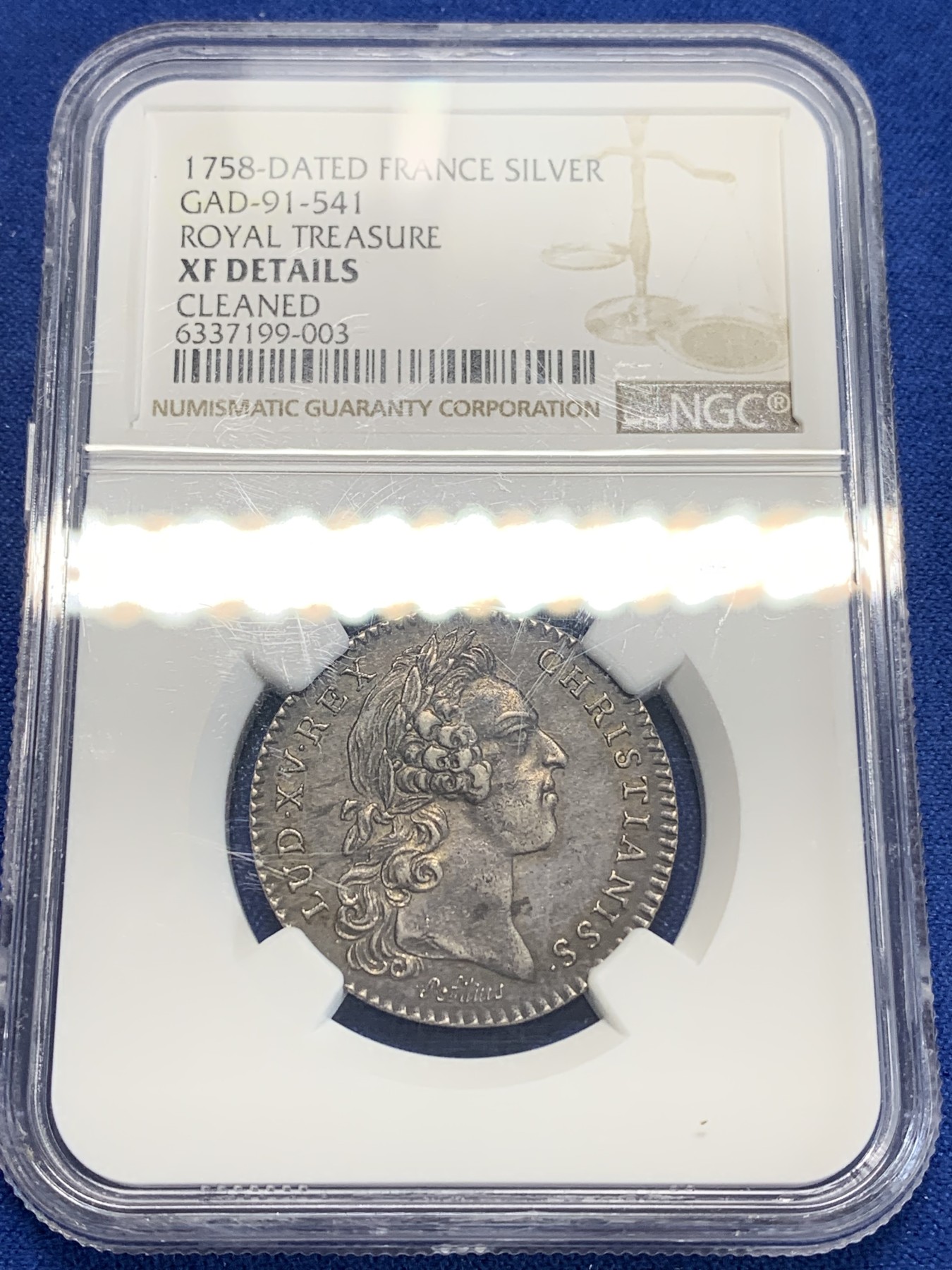 《竞宝斋》第205场-周日，周一 2场 (全场包邮) NGC-XFD 法国 1758 路易十五 银质代币JETON 严评 老包浆原始状态 两面打制居中 细节清晰 包浆和品相难得 有代币目录专属代号