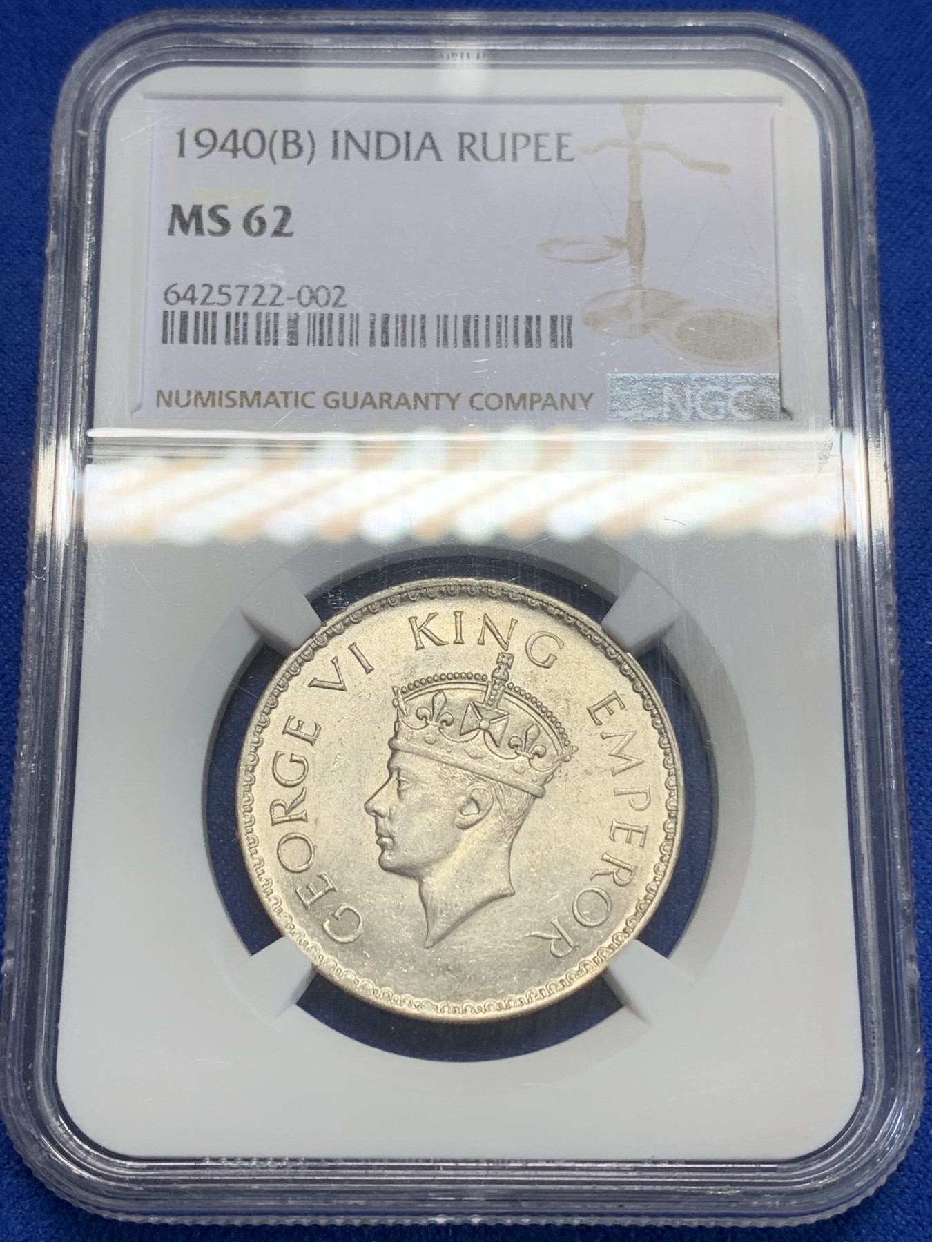 《竞宝斋》第205场-周日，周一 2场 (全场包邮) NGC-MS62 英属印度 1940年 B版 乔治六世 1卢比 银币 少见版别