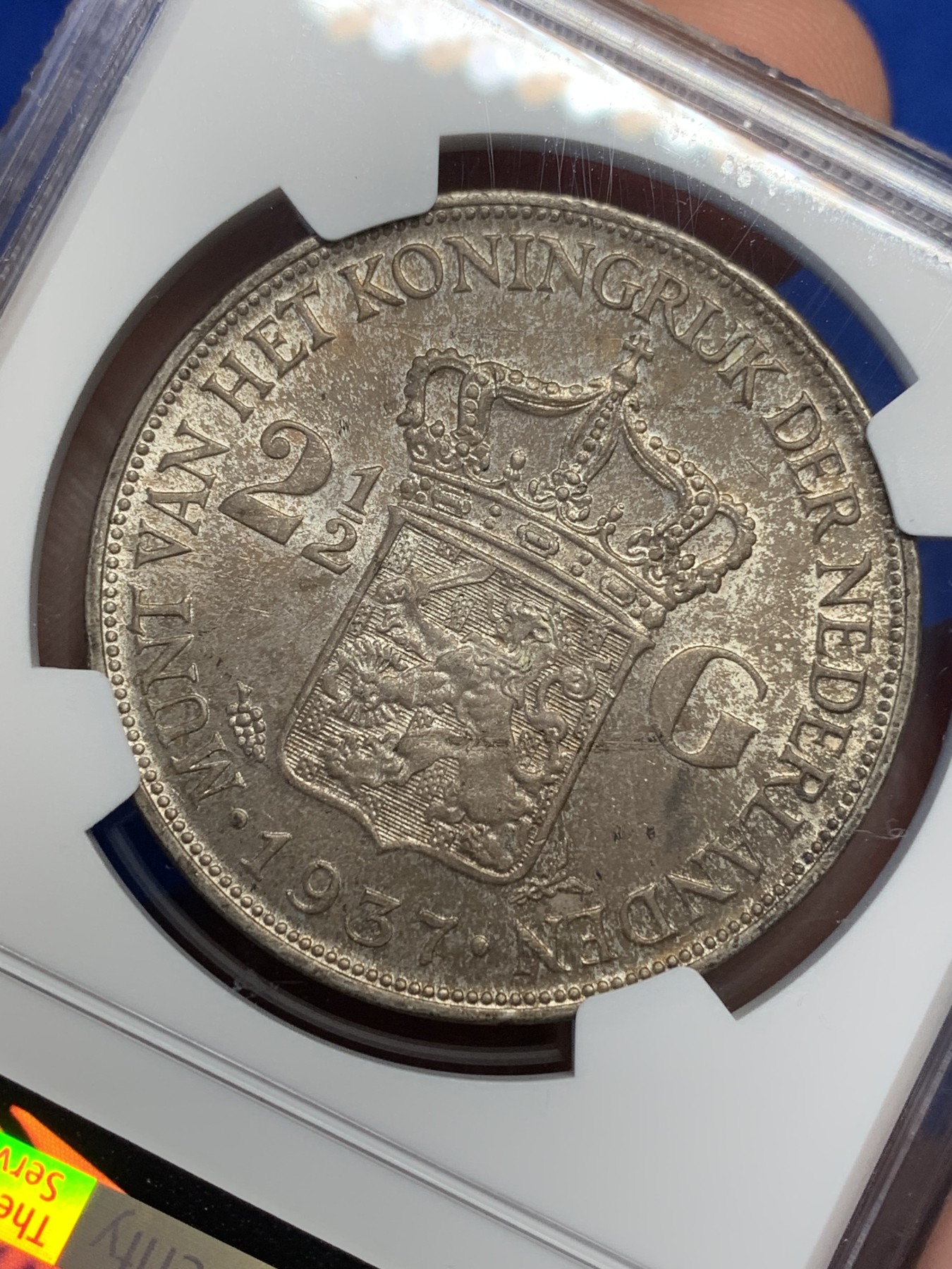 《竞宝斋》第205场-周日，周一 2场 (全场包邮) NGC-MS64 荷兰1937年女王威廉明娜2.5盾银币 包浆深厚 高分好品