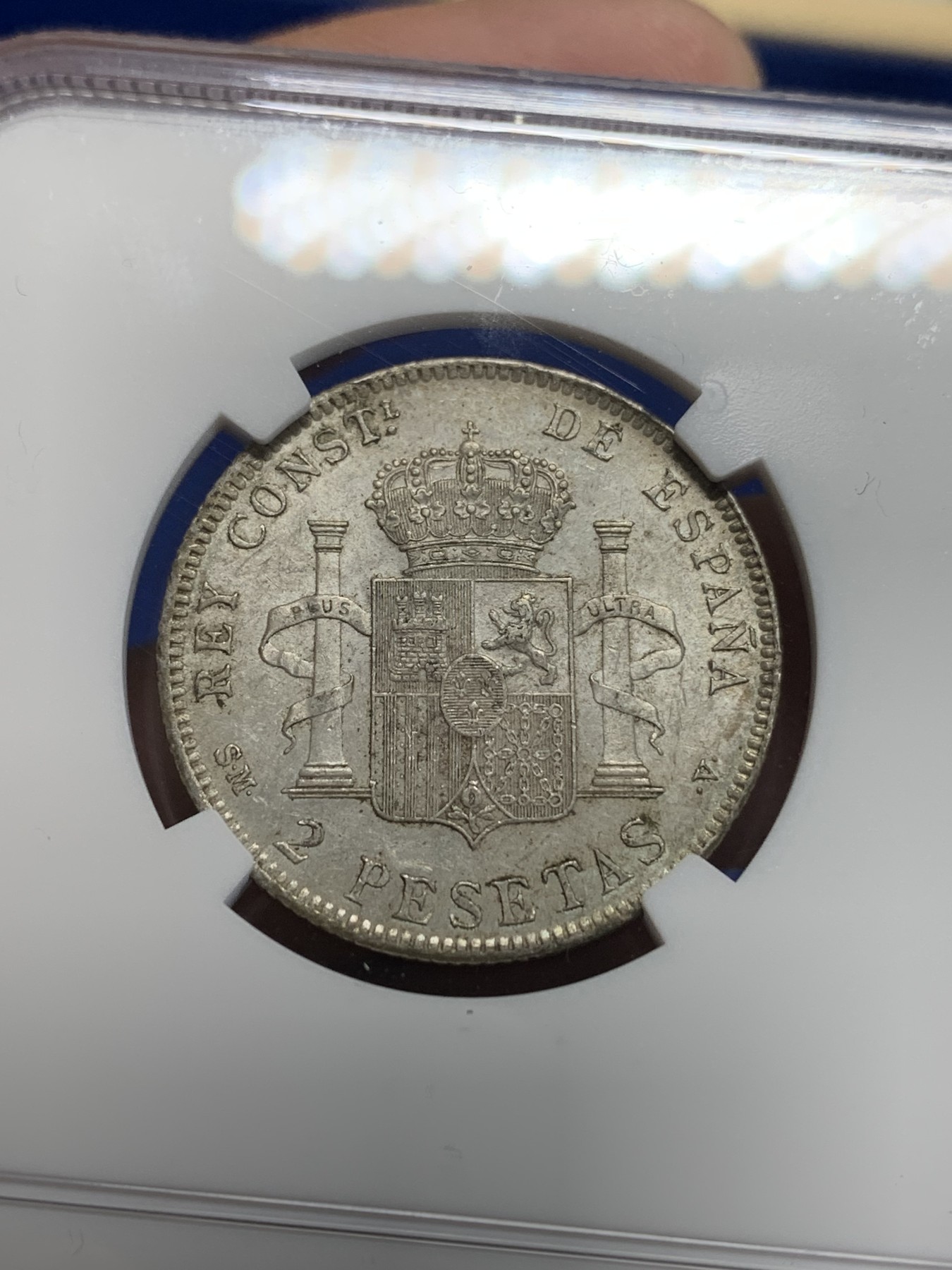 《竞宝斋》第205场-周日，周一 2场 (全场包邮) NGC-AU55 西班牙1905阿方索十三世2比塞塔银币