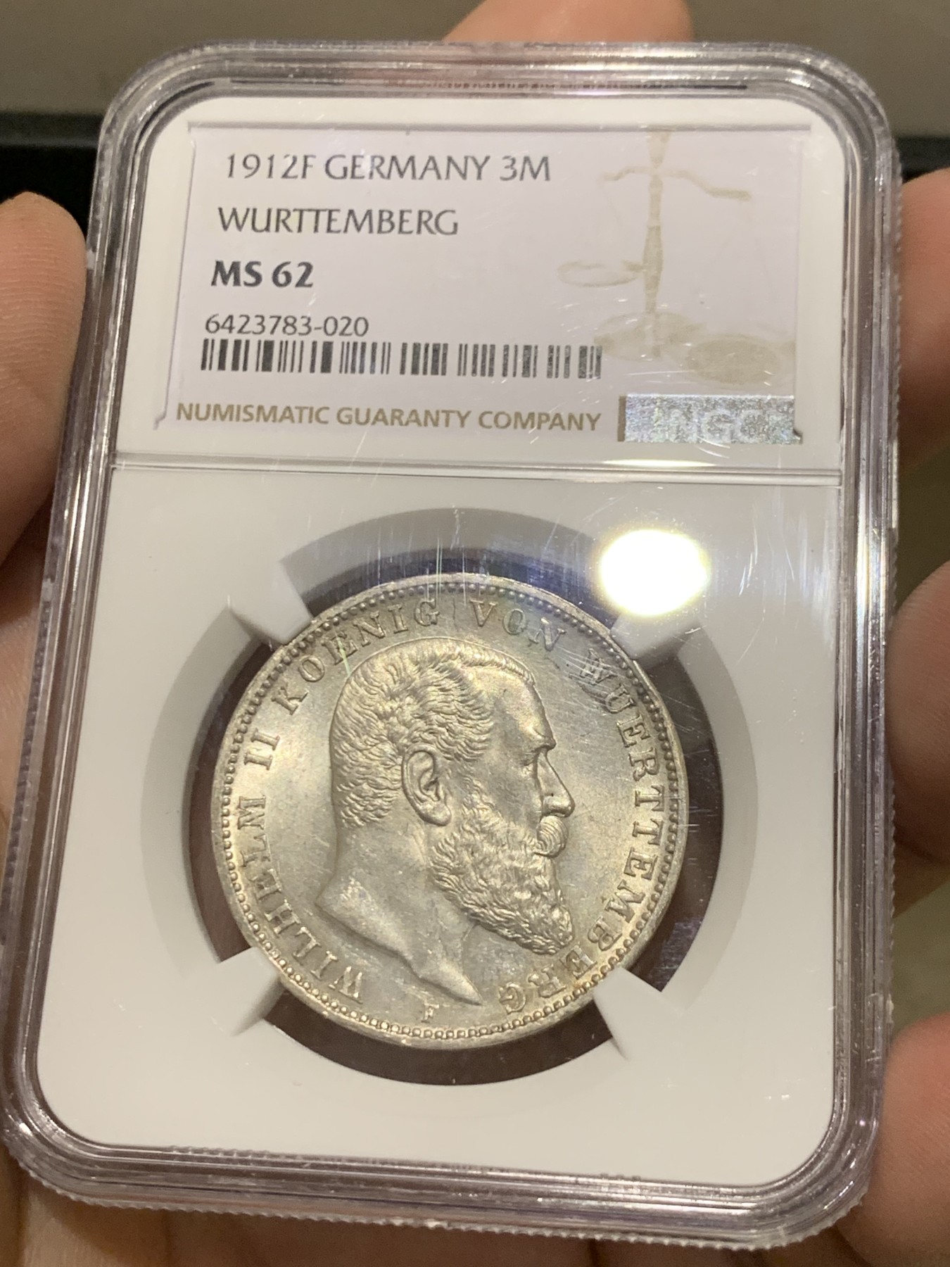 《竞宝斋》第205场-周日，周一 2场 (全场包邮) NGC-MS62 德国 1912年 符腾堡 威廉二世 3马克 银币 少见品种 裸币基本都是普品 少见ms