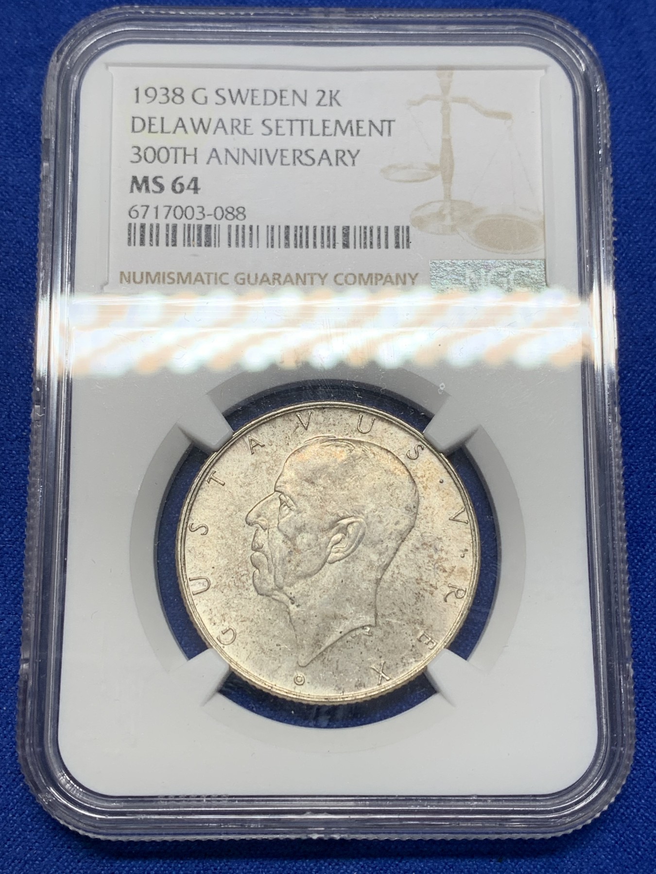 《竞宝斋》第205场-周日，周一 2场 (全场包邮) NGC-MS64 瑞典1938年 三百周年纪念 2克朗银币 高分好品