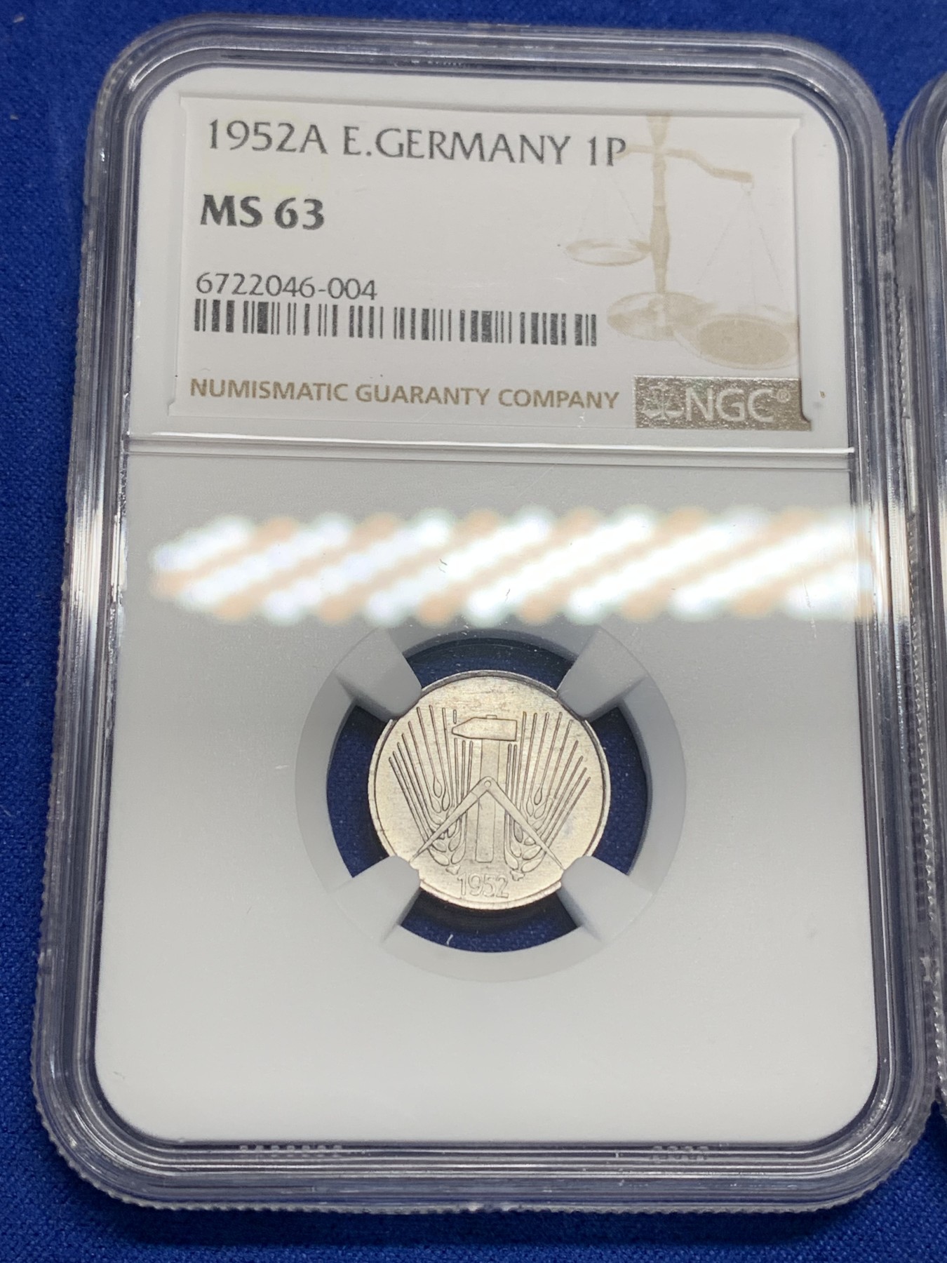 《竞宝斋》第205场-周日，周一 2场 (全场包邮) 东德1952A三枚全套，NGC MS63-64好分数，1、5、10芬妮，强光好品！