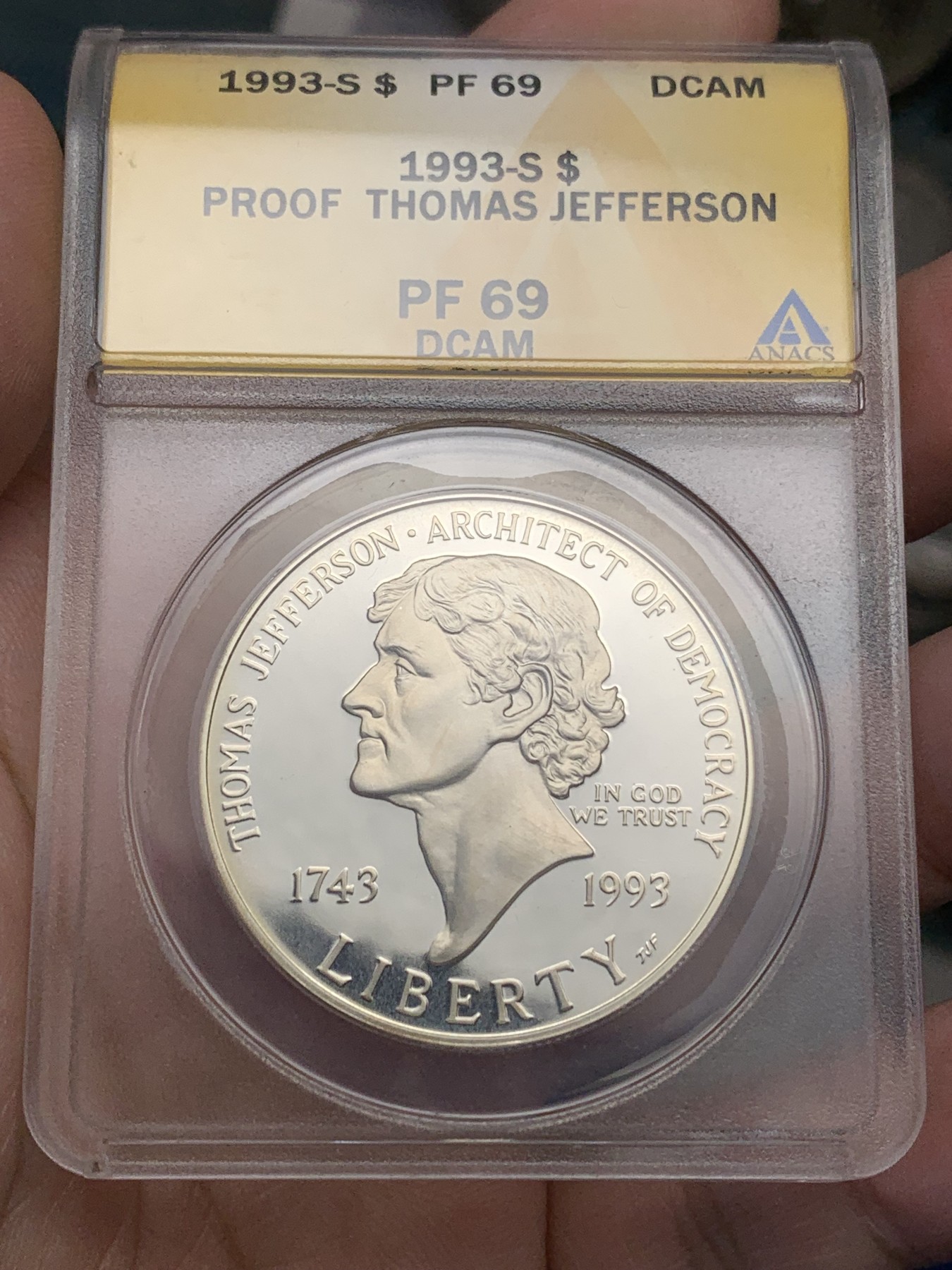 《竞宝斋》第205场-周日，周一 2场 (全场包邮) ANACS-PF69 美国1993年杰斐逊总统诞辰250周年纪念精制银币