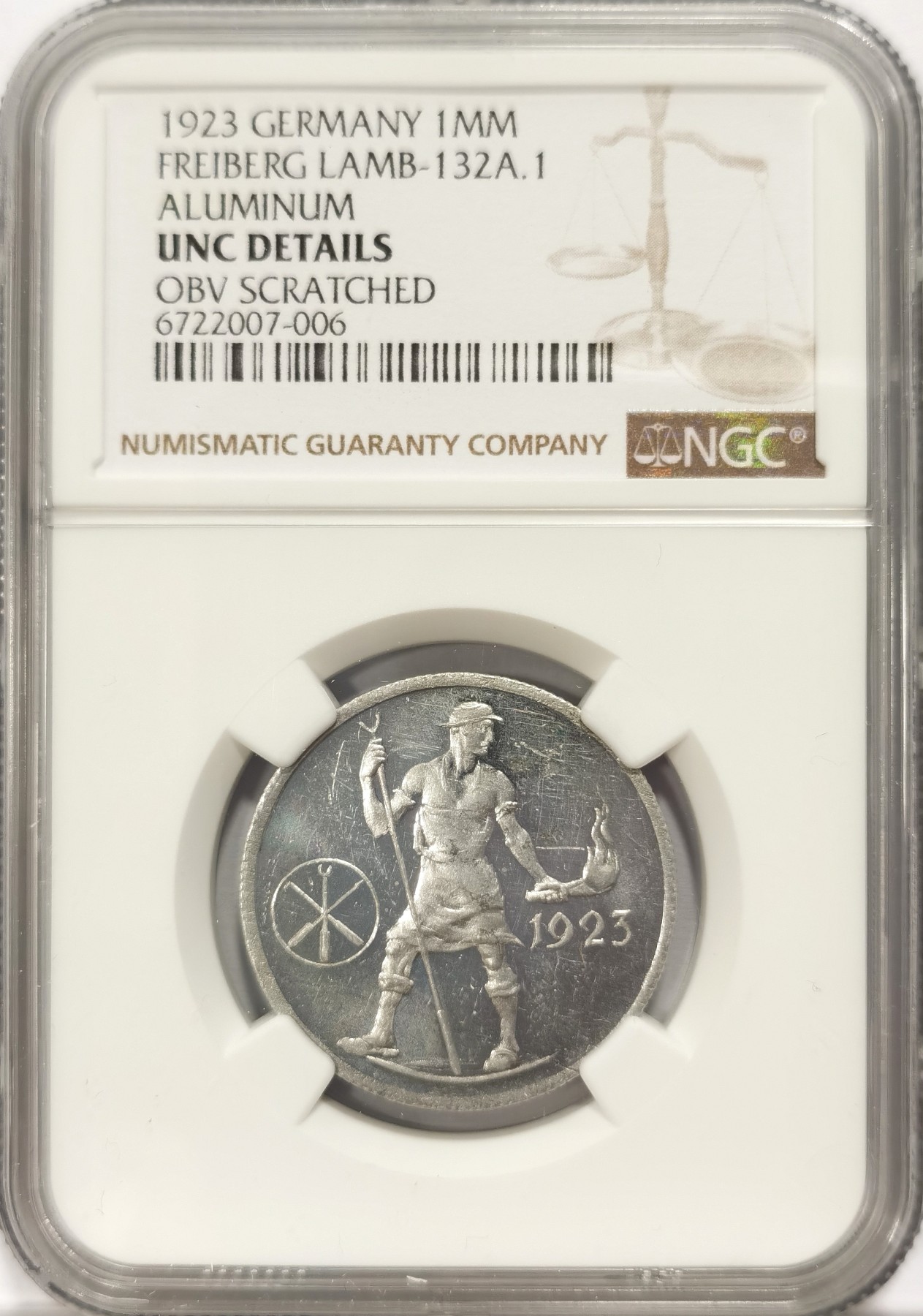 博洋堂世界钱币拍卖第047期（全场包邮） NGC UNC 弗莱堡1923年火把男一百万马克精制铝币，德紧少见精制名誉品种，底板镜面感、图案磨砂感强烈，可惜正面有划伤