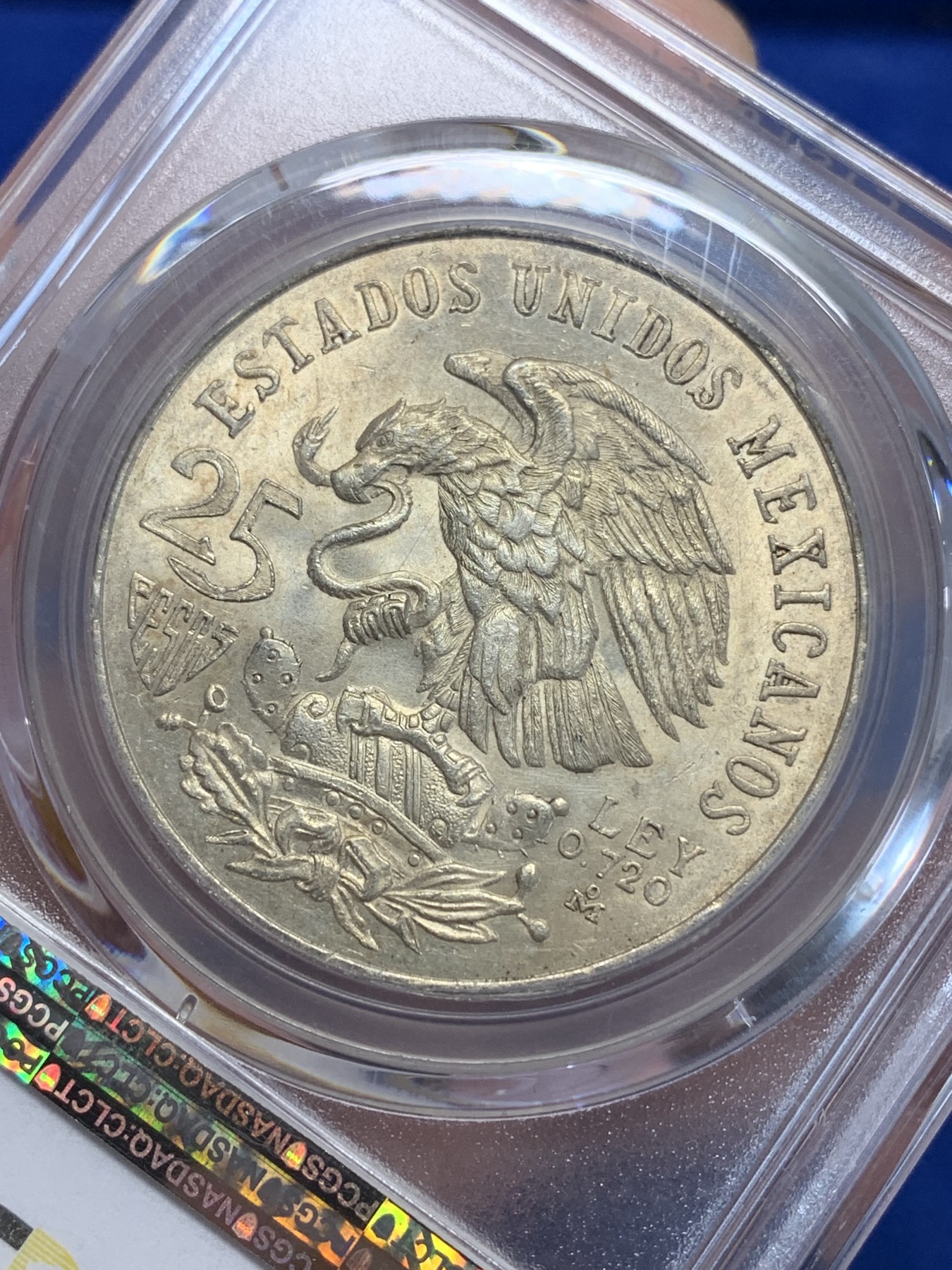 《竞宝斋》第205场-周日，周一 2场 (全场包邮) PCGS–MS64 墨西哥1968年奥运会25比索银币，黄油彩包浆，特别漂亮