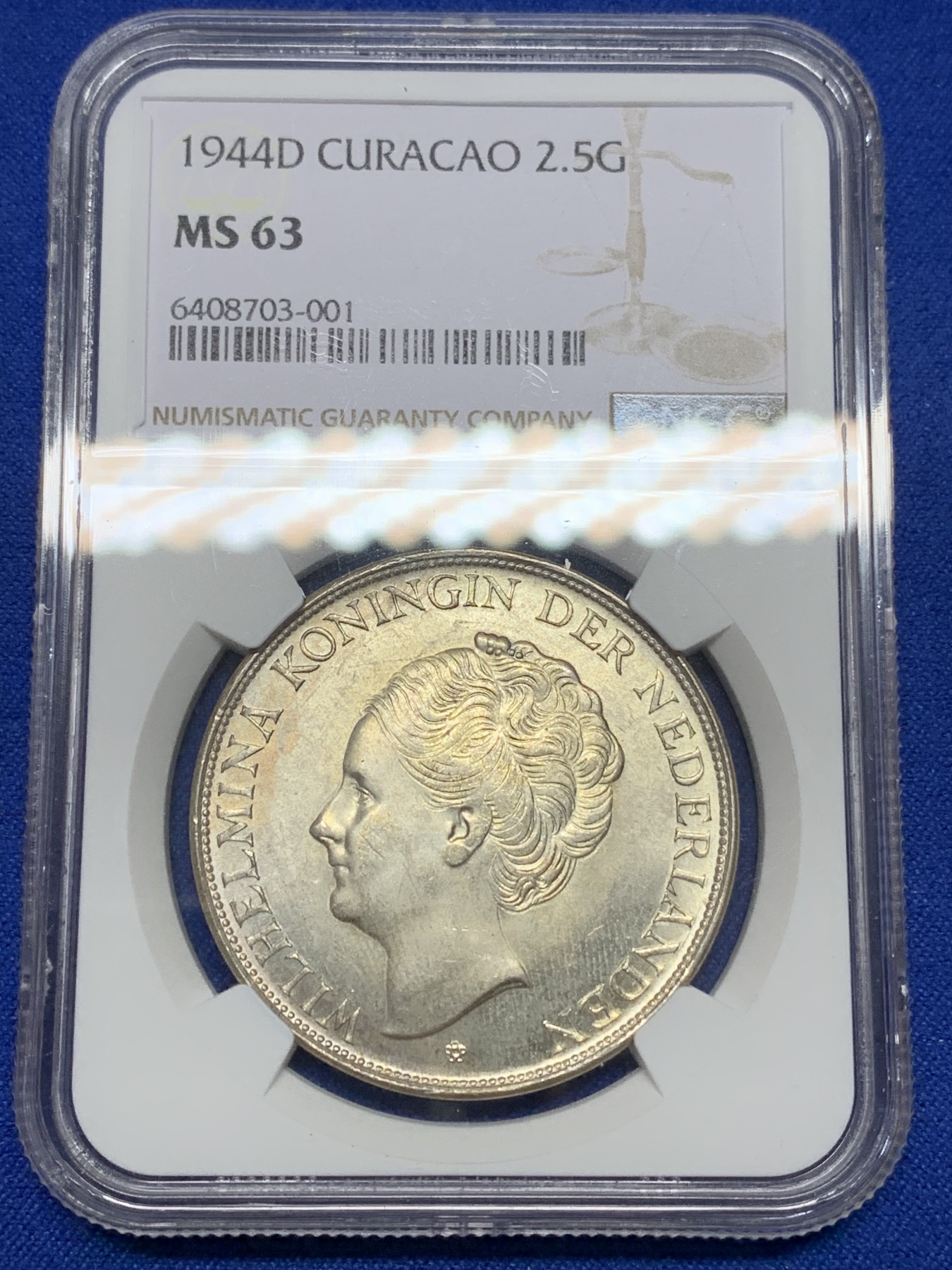 《竞宝斋》第205场-周日，周一 2场 (全场包邮) NGC MS63 1944-D年荷属库拉索威廉明娜女王2.5盾大银币 原光好品 殖民地潜力品种 铸造量仅为荷属东印度的十分之一