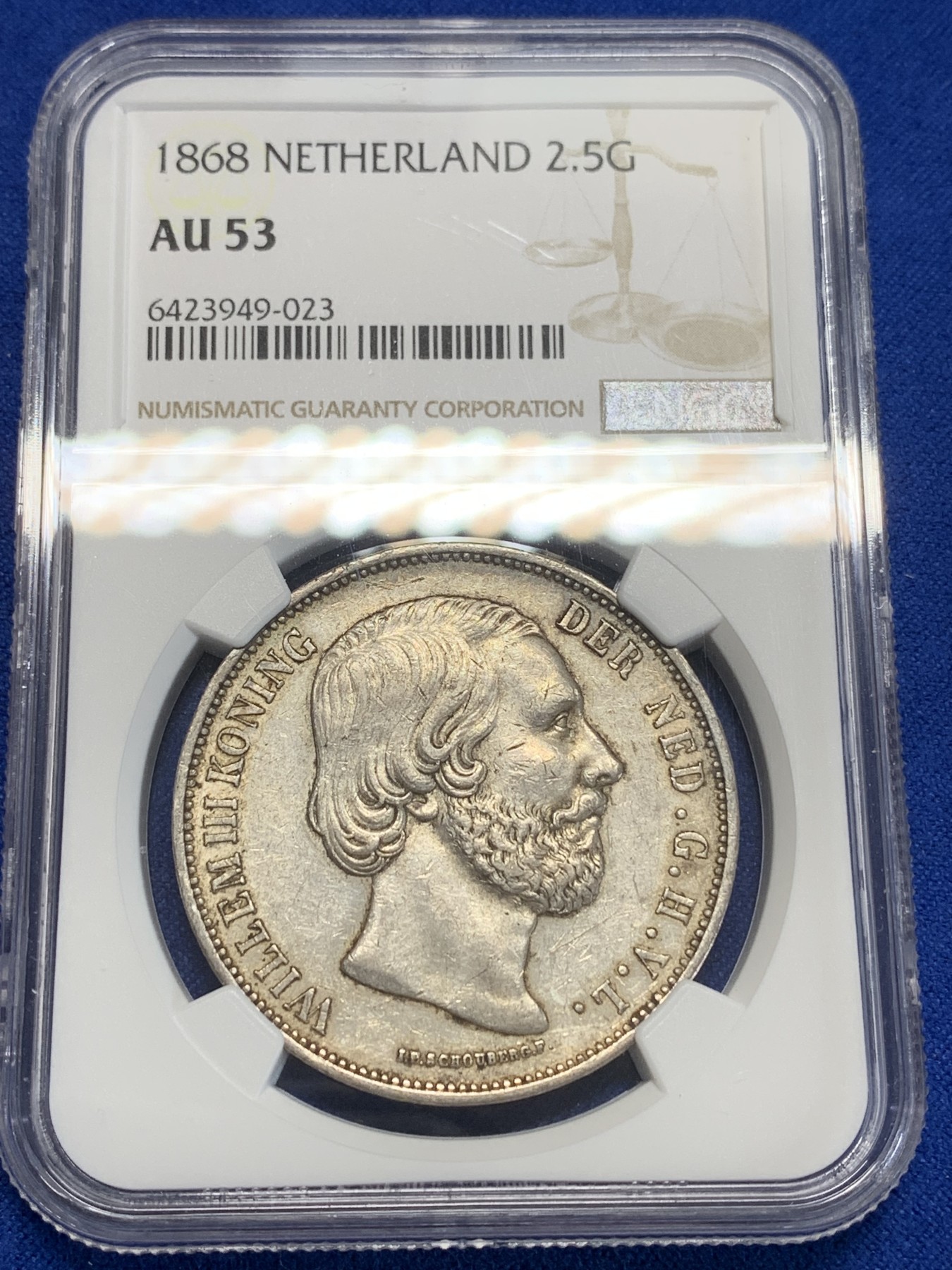 《竞宝斋》第205场-周日，周一 2场 (全场包邮) NGC-AU53 荷兰1868年 威廉三世 2.5盾 大银币 难得出分美品