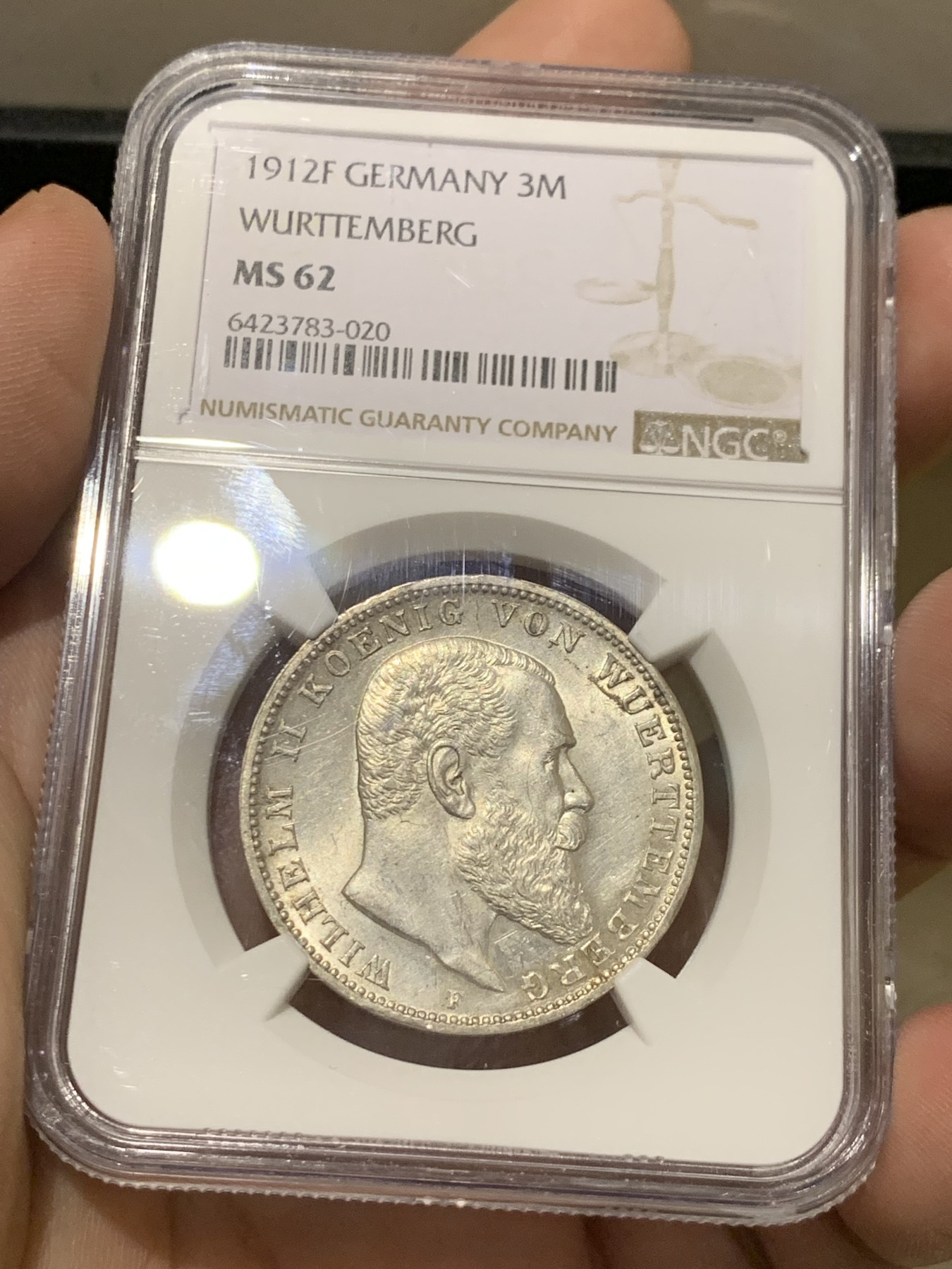 《竞宝斋》第205场-周日，周一 2场 (全场包邮) NGC-MS62 德国 1912年 符腾堡 威廉二世 3马克 银币 少见品种 裸币基本都是普品 少见ms