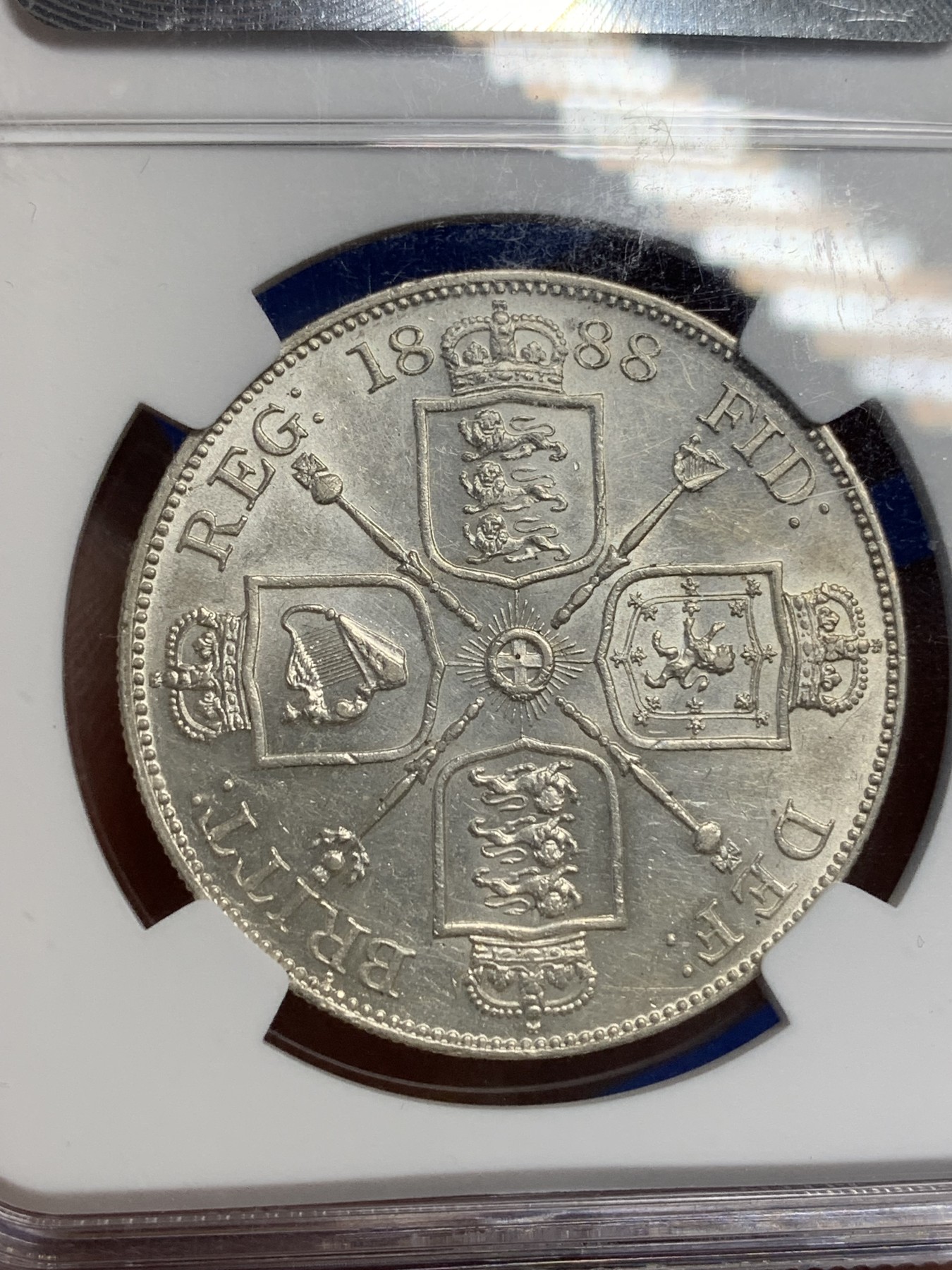 《竞宝斋》第205场-周日，周一 2场 (全场包邮) NGC-AU58 英国1888年 维多利亚 双佛罗林4先令 银币 稀少年份