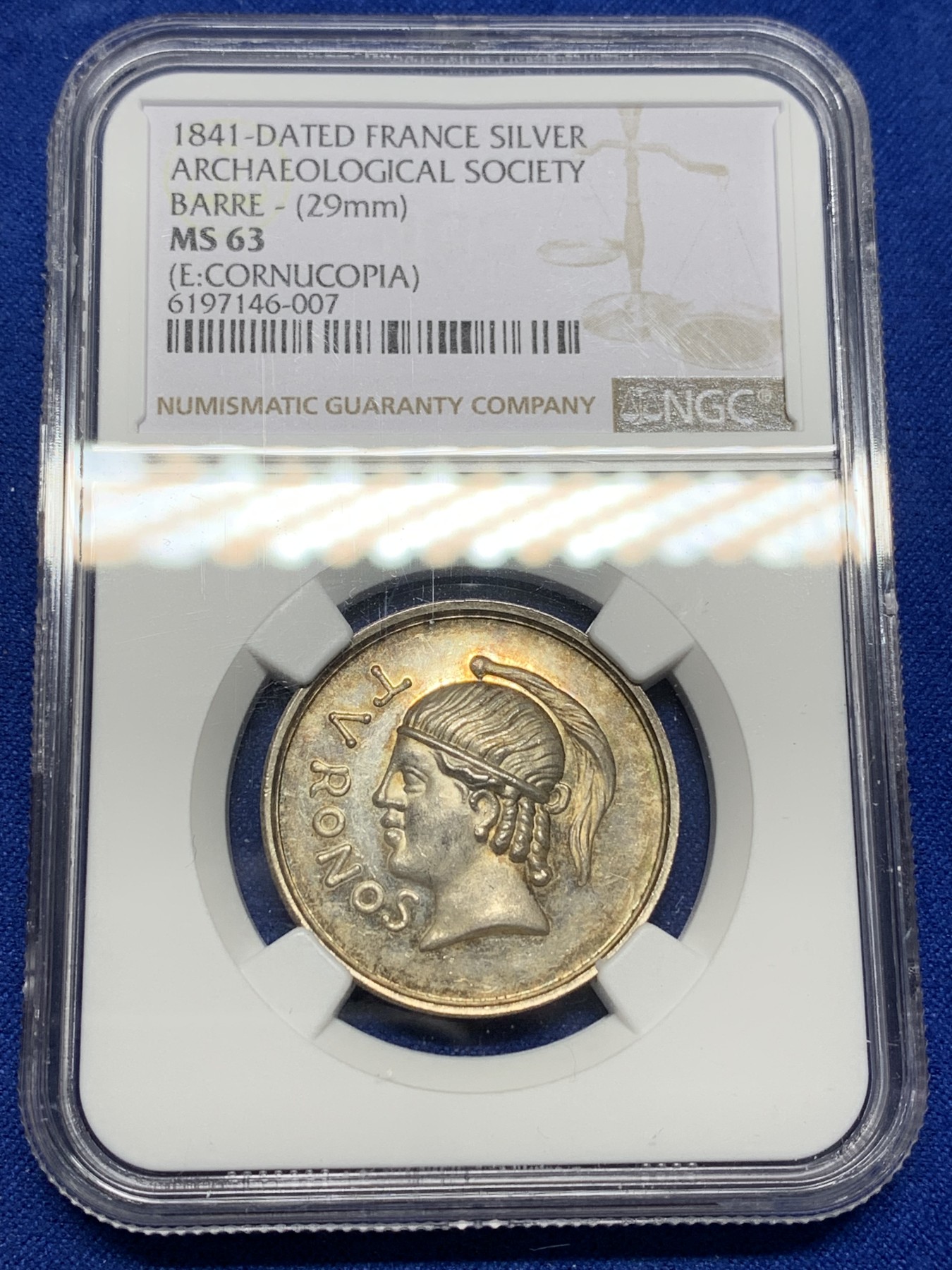 《竞宝斋》第205场-周日，周一 2场 (全场包邮) NGC MS63  1841年法国考古协会银章代用币 稀少品种 顶级品相