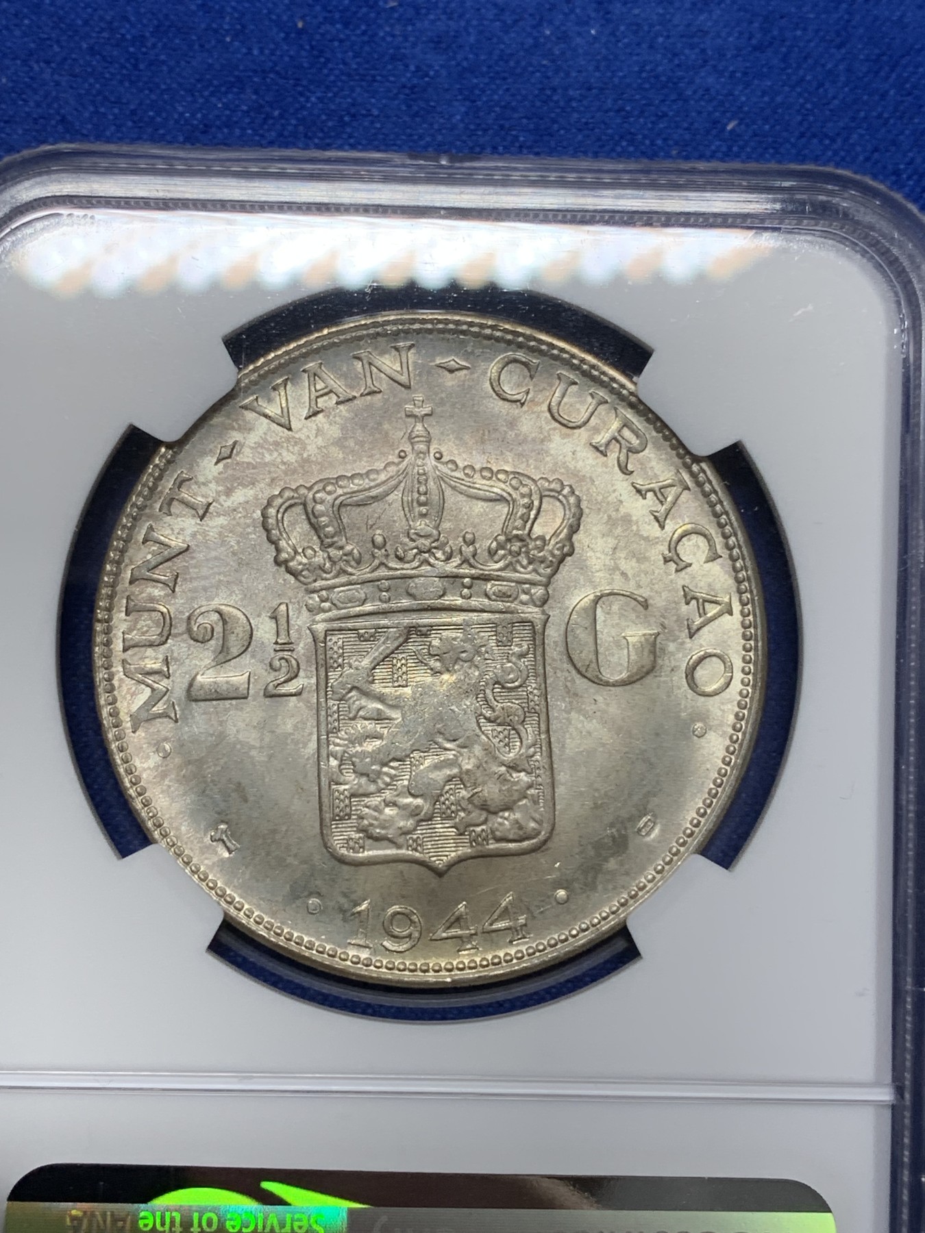 《竞宝斋》第205场-周日，周一 2场 (全场包邮) NGC MS63 1944-D年荷属库拉索威廉明娜女王2.5盾大银币 原光好品 殖民地潜力品种 铸造量仅为荷属东印度的十分之一