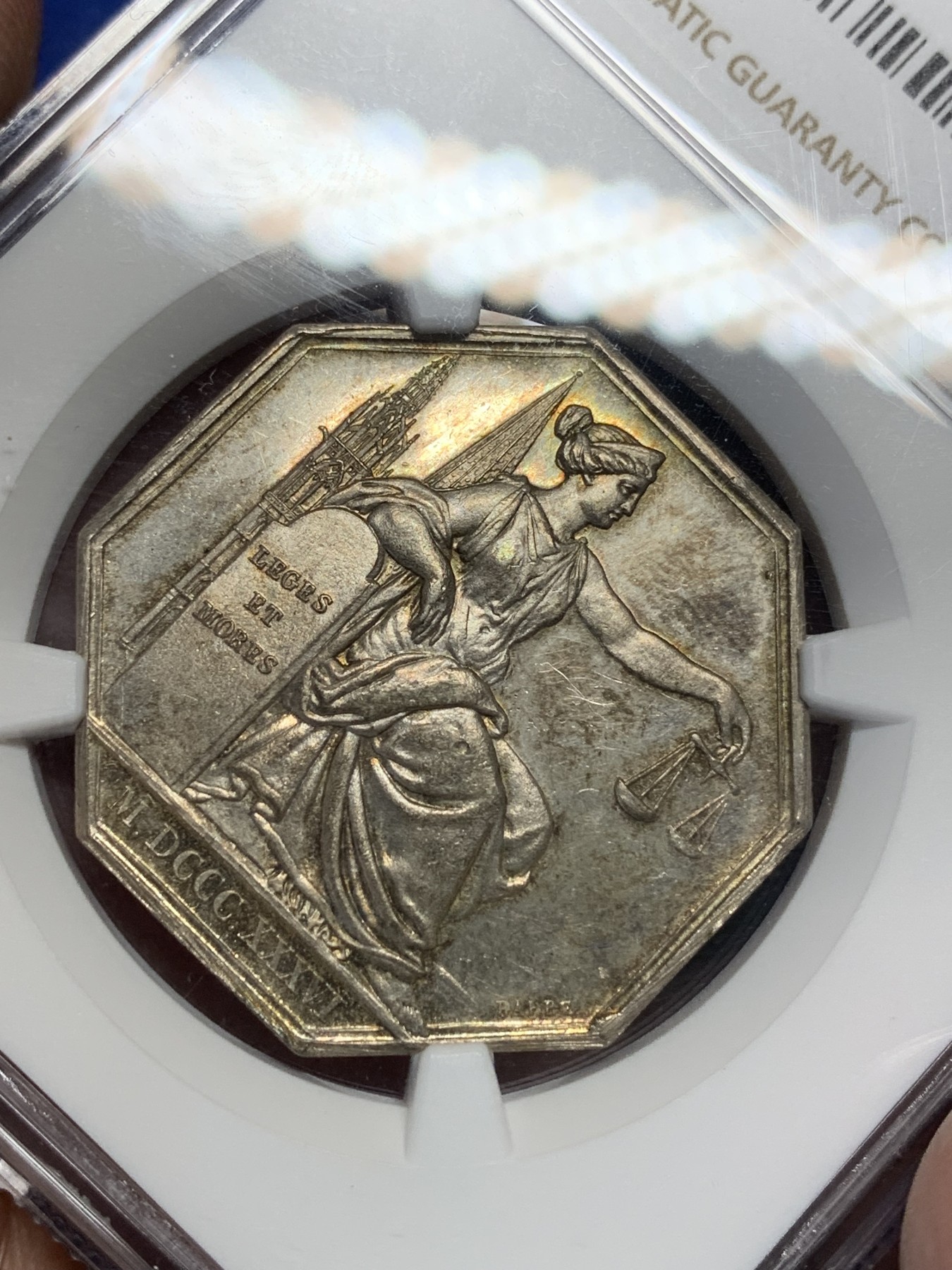 《竞宝斋》第205场-周日，周一 2场 (全场包邮) NGC MS63 法国 特许公证处 银质八角代币 状态好 权威庄严