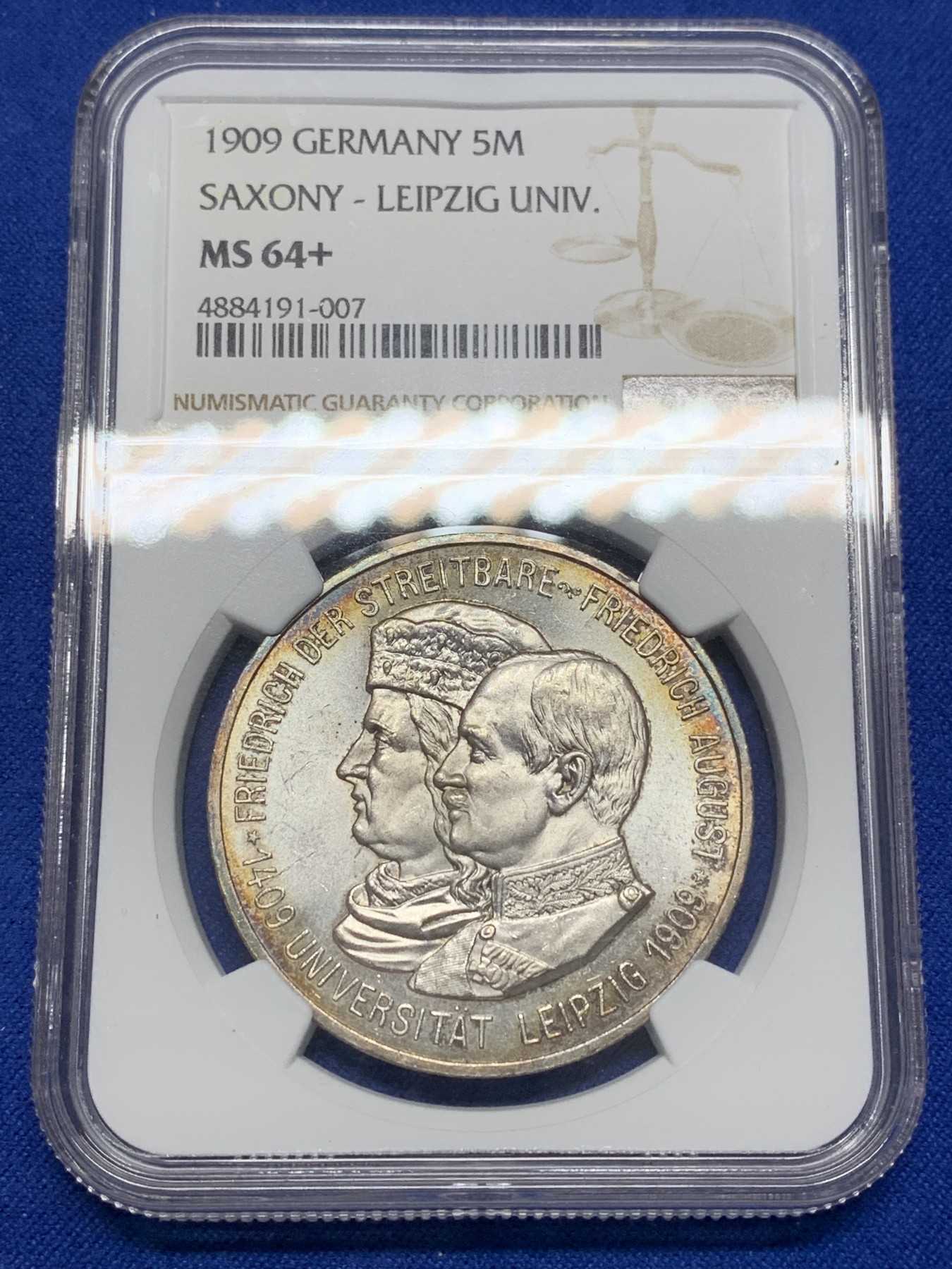 《竞宝斋》第205场-周日，周一 2场 (全场包邮) NGC-MS64+  德国1909年萨克森-莱比锡大学500年纪念币 5马克银币 镜面底板 周围环彩 车轮光明显