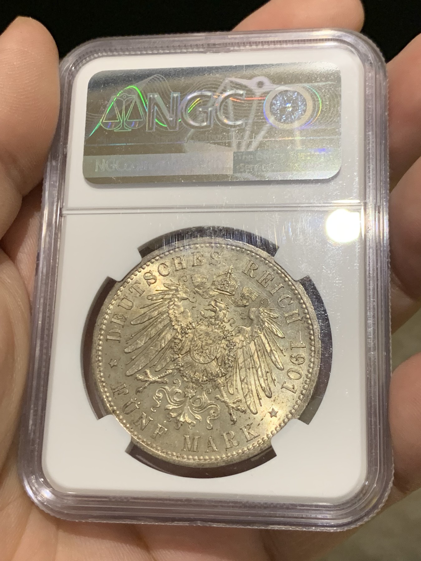 《竞宝斋》第205场-周日，周一 2场 (全场包邮) NGC-MS63 德国1901年普鲁士建国200周年5马克纪念银币 柏林造币厂 金色黄油彩 车轮光 细节饱满