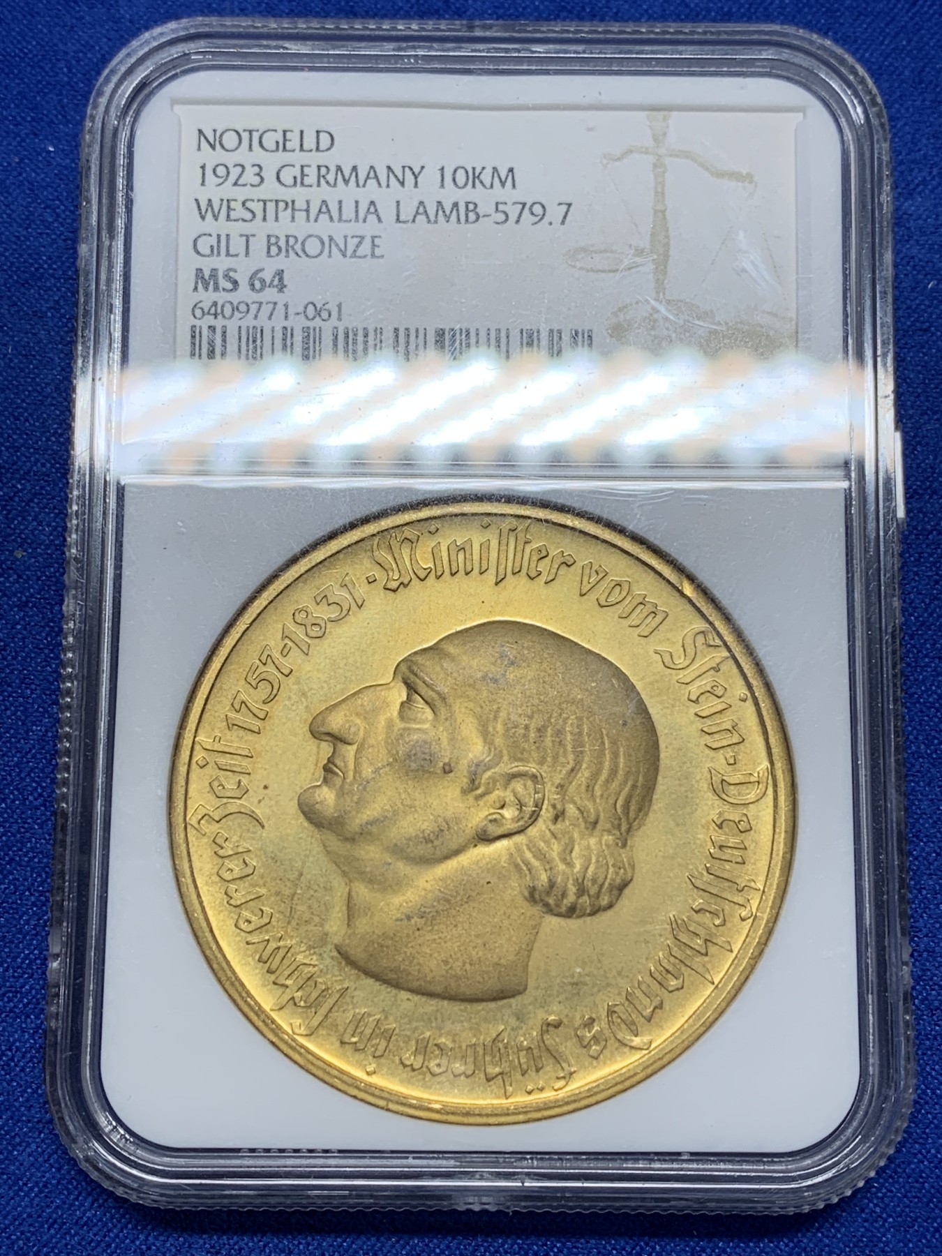 《竞宝斋》第205场-周日，周一 2场 (全场包邮) NGC MS64 德国1923年威斯特法伦10000马克大马币，高分金光，镀金完整