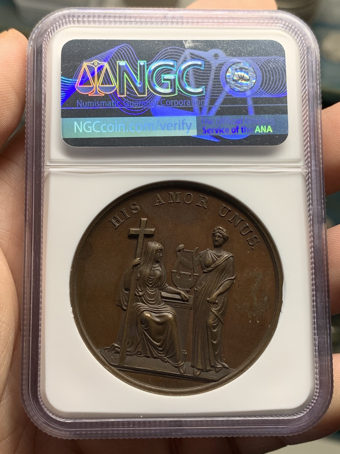 《竞宝斋》第205场-周日，周一 2场 (全场包邮) NGC MS62 瑞典1772诗人弗兰森纪念铜章 加厚盒高浮雕巧克力色