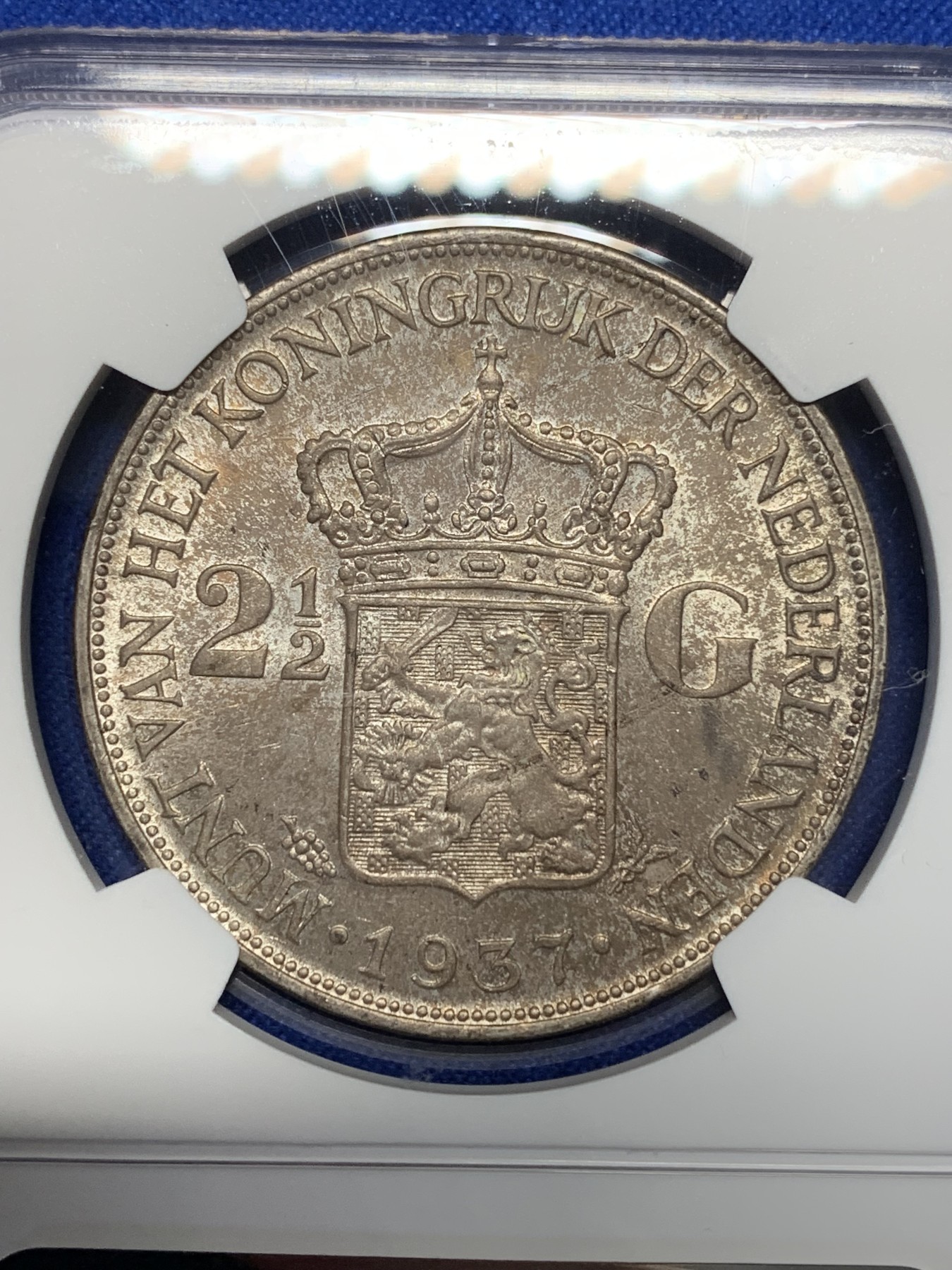 《竞宝斋》第205场-周日，周一 2场 (全场包邮) NGC-MS64 荷兰1937年女王威廉明娜2.5盾银币 包浆深厚 高分好品