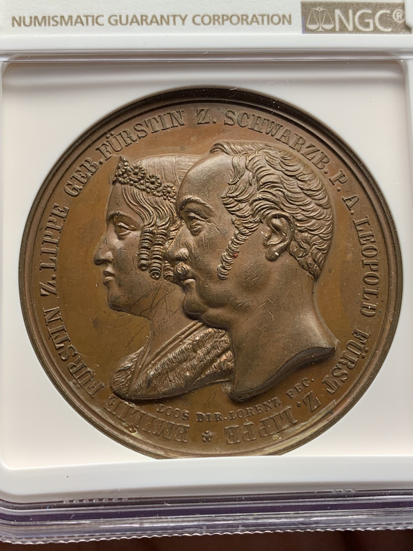 《竞宝斋》第205场-周日，周一 2场 (全场包邮) NGC MS61 德国 1845 利奥波德与洛伦兹婚礼纪念大铜章 巧克力包浆 加厚盒装