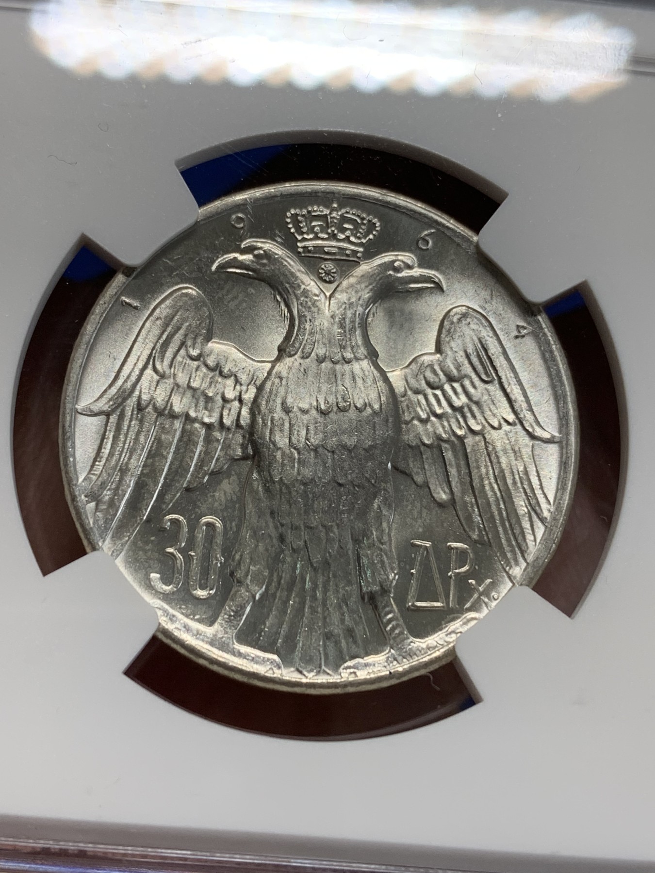 《竞宝斋》第205场-周日，周一 2场 (全场包邮) NGC MS64 希腊1964年康斯坦丁二世30德拉克马银币 拆卷品