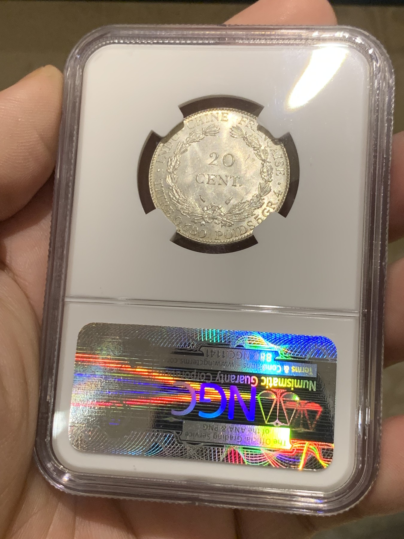 《竞宝斋》第205场-周日，周一 2场 (全场包邮) NGC-MS64 1937年 法属印度支那20分银币 两面肉眼几乎看不到一丝擦痕 老盒重评有惊喜呀