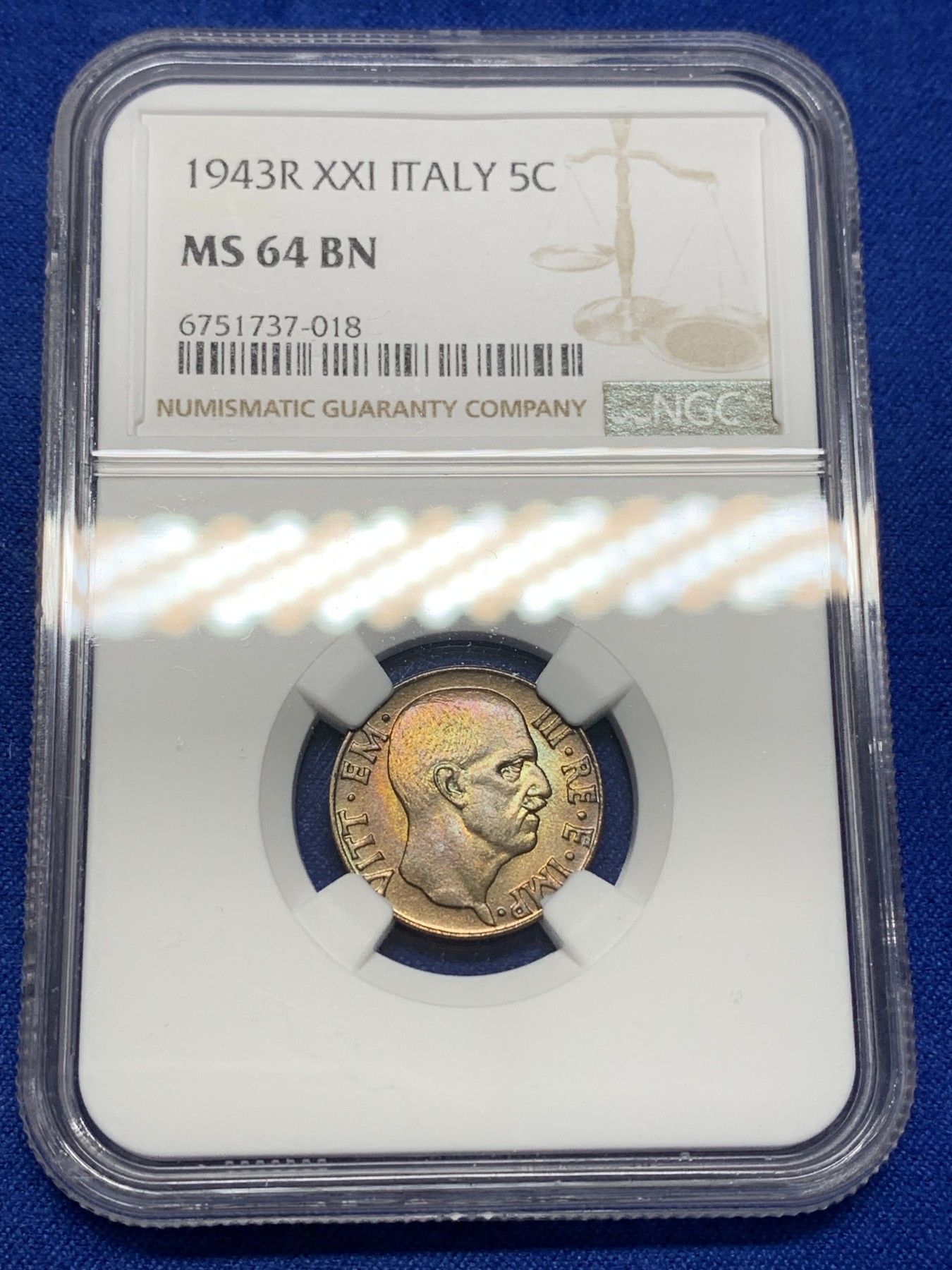 《竞宝斋》第205场-周日，周一 2场 (全场包邮) NGC MS64BN 意大利1943年5分特年 R级难度 鹰面带彩虹包浆