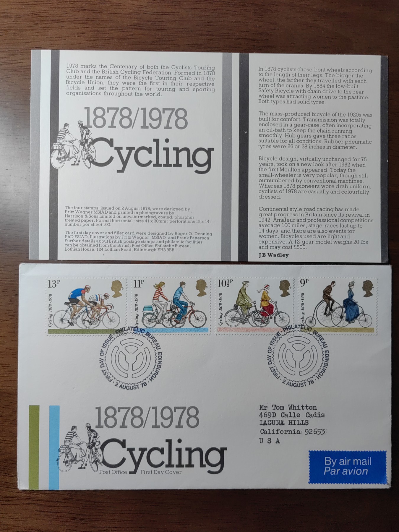 外国邮品精品专场（秒杀）第①③场 英国1978 自行车发展史-各时期的自行车 4全（实寄航空邮封）