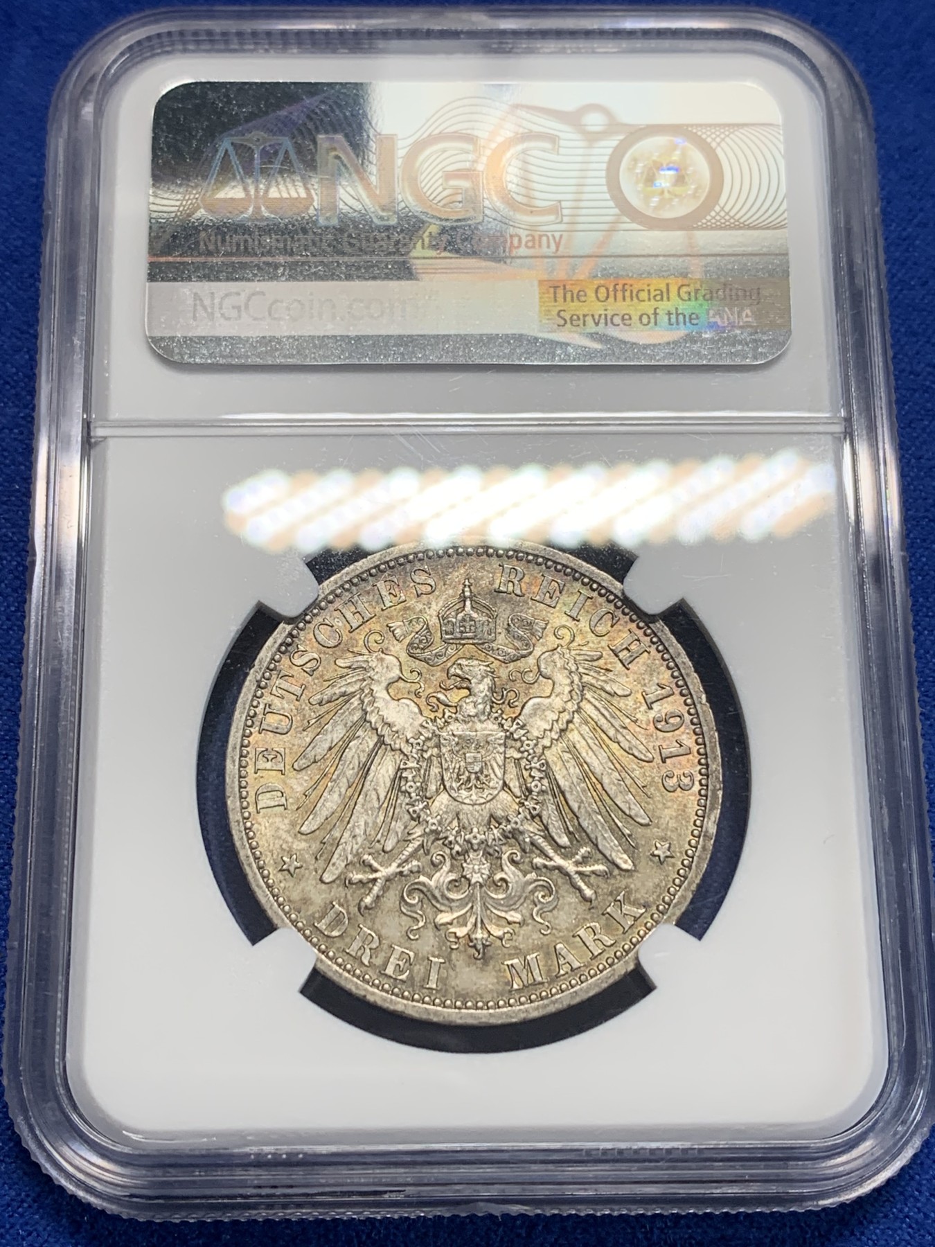 《竞宝斋》第205场-周日，周一 2场 (全场包邮) NGC-MS63 德国1913普鲁士戎装3马克银币