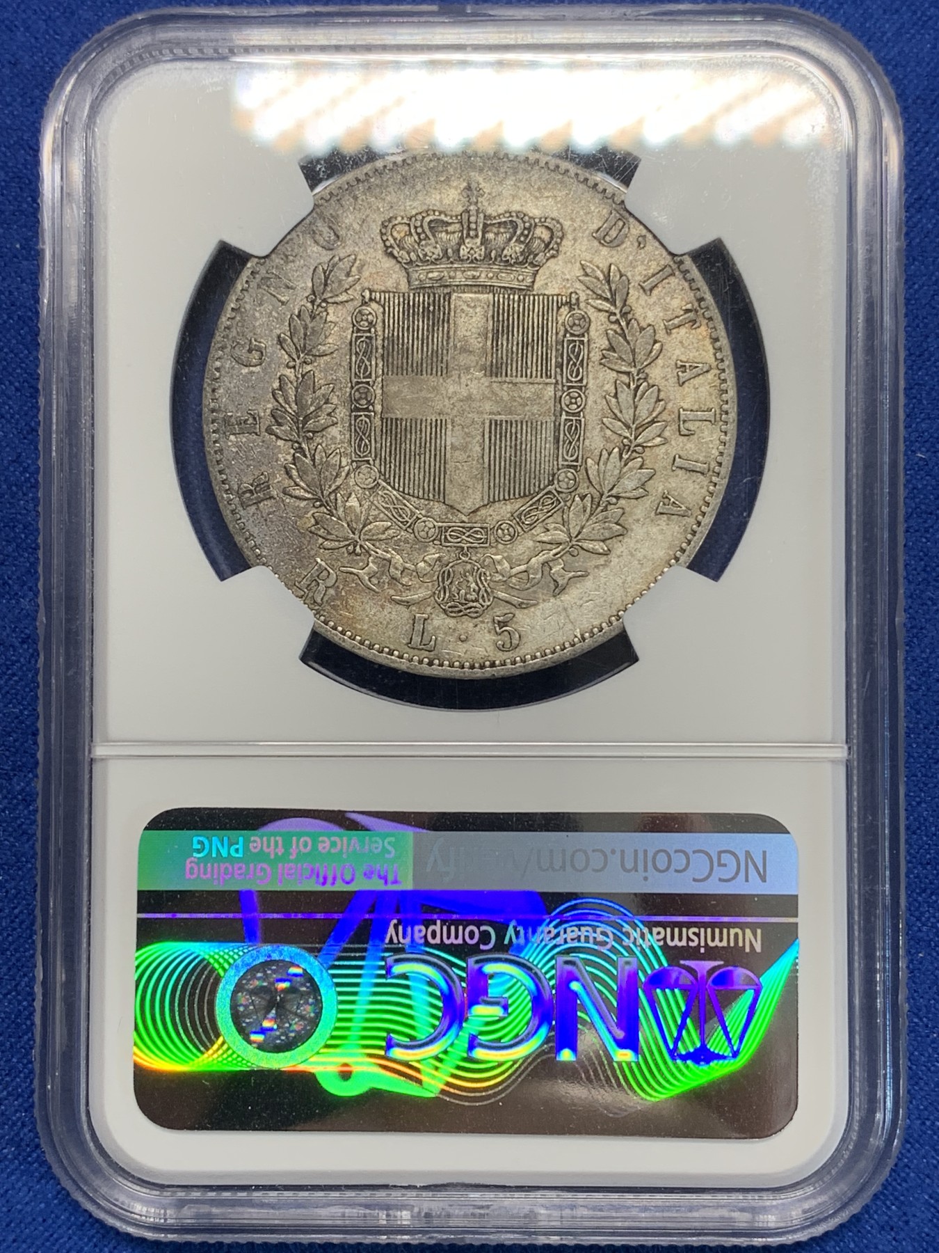 《竞宝斋》第205场-周日，周一 2场 (全场包邮) NGC AU50  意大利1876R伊曼纽尔五里拉银币，细节都在  月牙包浆