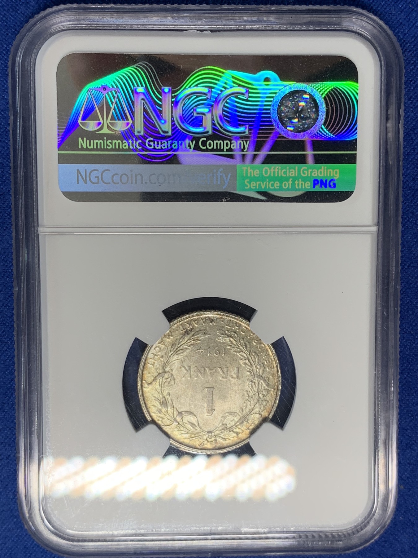 《竞宝斋》第205场-周日，周一 2场 (全场包邮) NGC-MS63 比利时 1914年 阿尔贝托国王 1法郎 银币 黄油彩