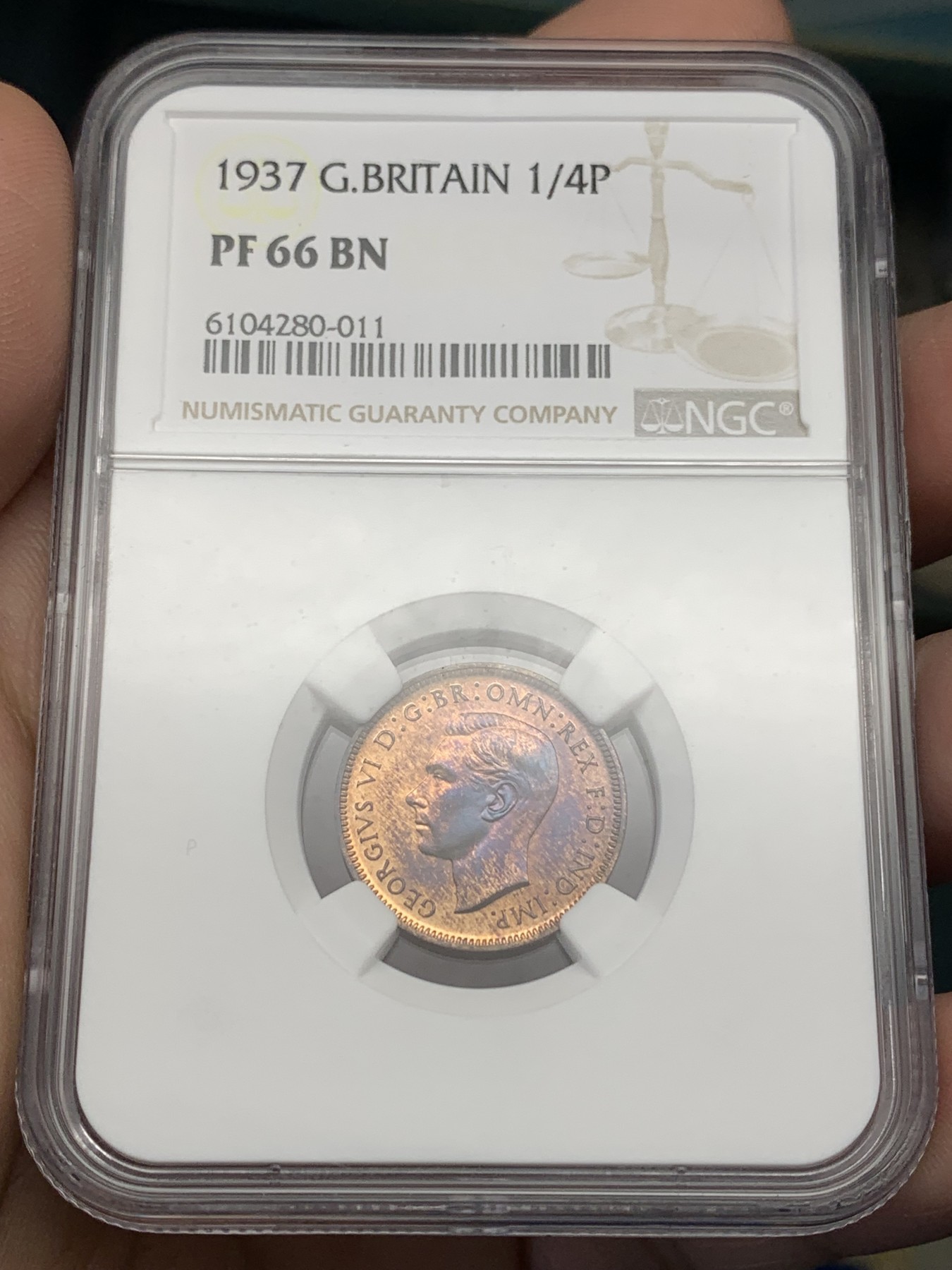 《竞宝斋》第205场-周日，周一 2场 (全场包邮) NGC PF66 英国1937年乔治六世登基纪念精制1/4便士铜币