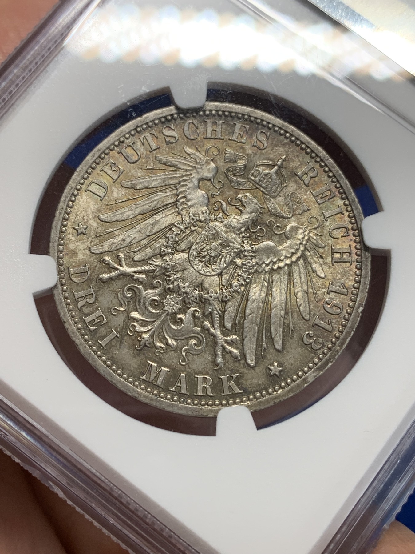 《竞宝斋》第205场-周日，周一 2场 (全场包邮) NGC-MS63 德国1913普鲁士戎装3马克银币