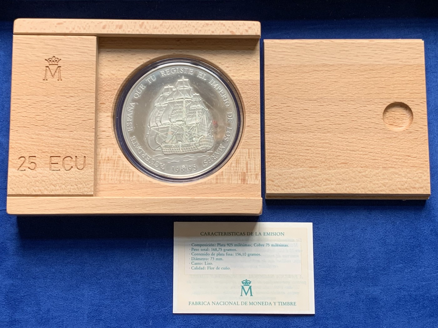 《竞宝斋》第205场-周日，周一 2场 (全场包邮) 西班牙1995年特立尼达战舰25ECU银币 168.75克，925银，原木盒