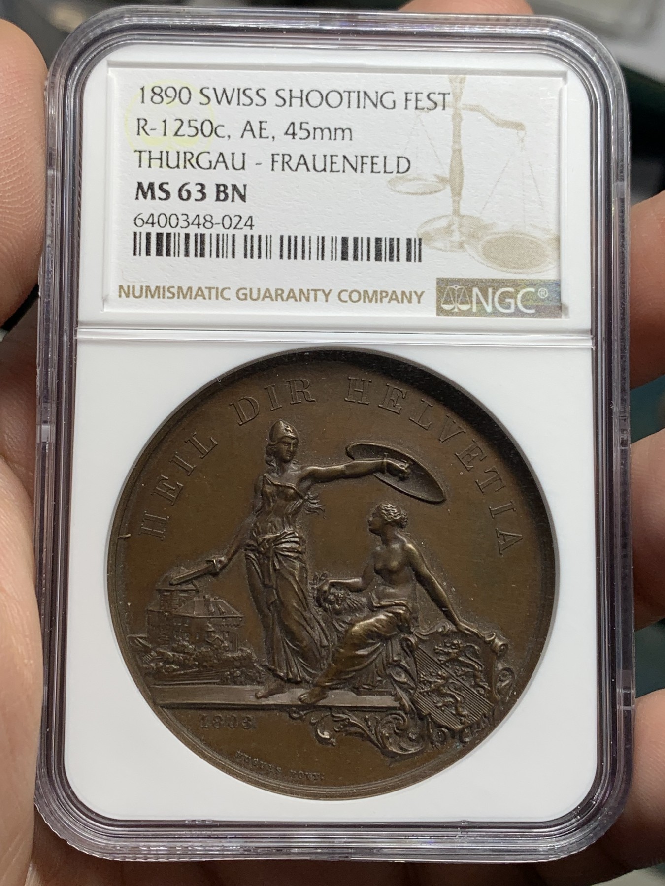 《竞宝斋》第205场-周日，周一 2场 (全场包邮) NGC MS63 1890年瑞士弗劳恩菲尔德射击节 美女与野兽高浮雕铜章 热门经典 细节极好 加厚盒子