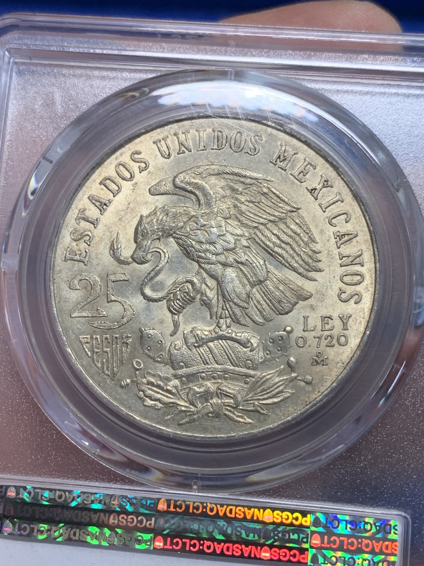 《竞宝斋》第205场-周日，周一 2场 (全场包邮) PCGS–MS64 墨西哥1968年奥运会25比索银币，黄油彩包浆，特别漂亮